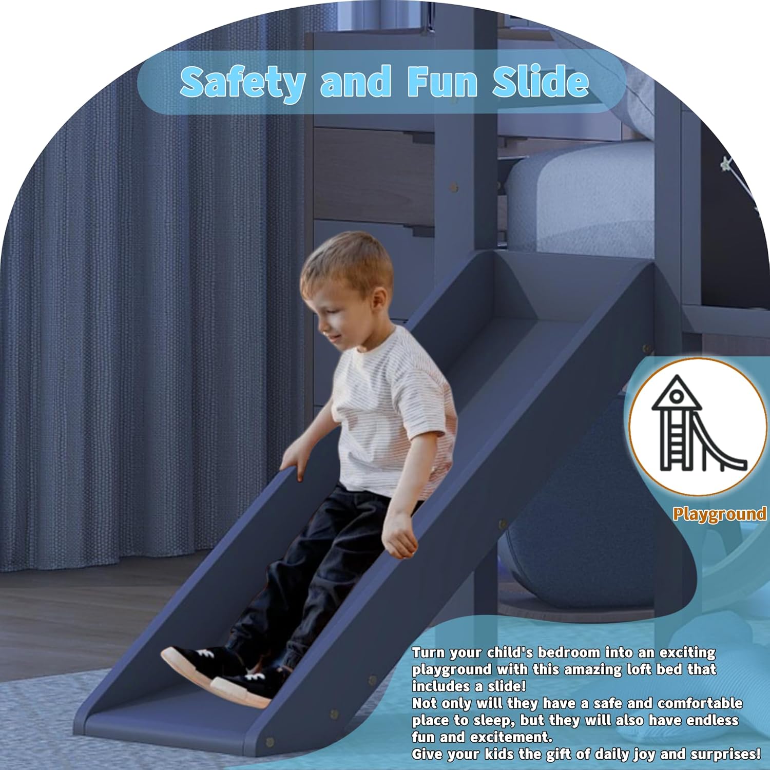 A child sliding down the grey slide attached to the loft bed.
