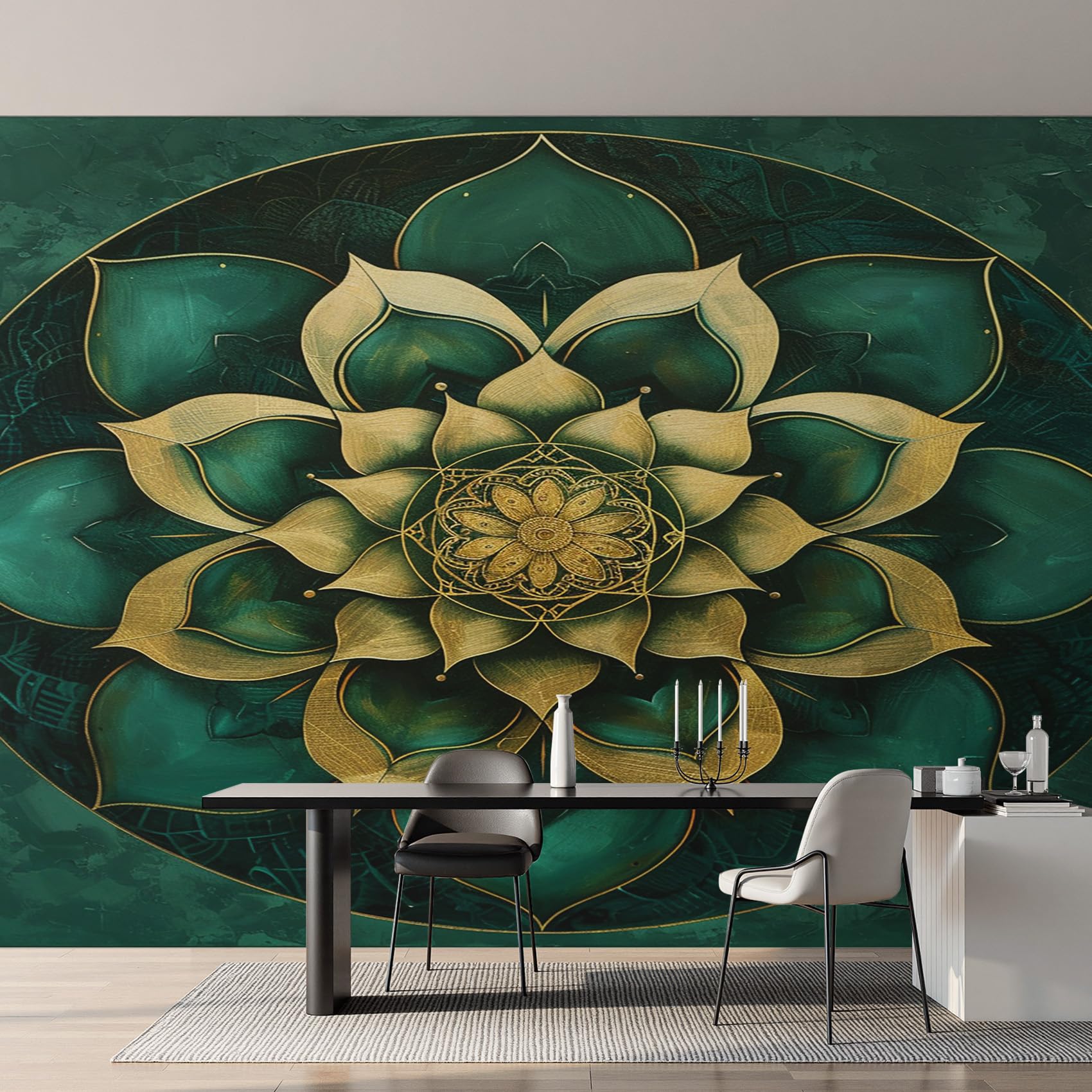 Papier peint boheme ethnique pour creer un salon cosy avec fresque mandala vert