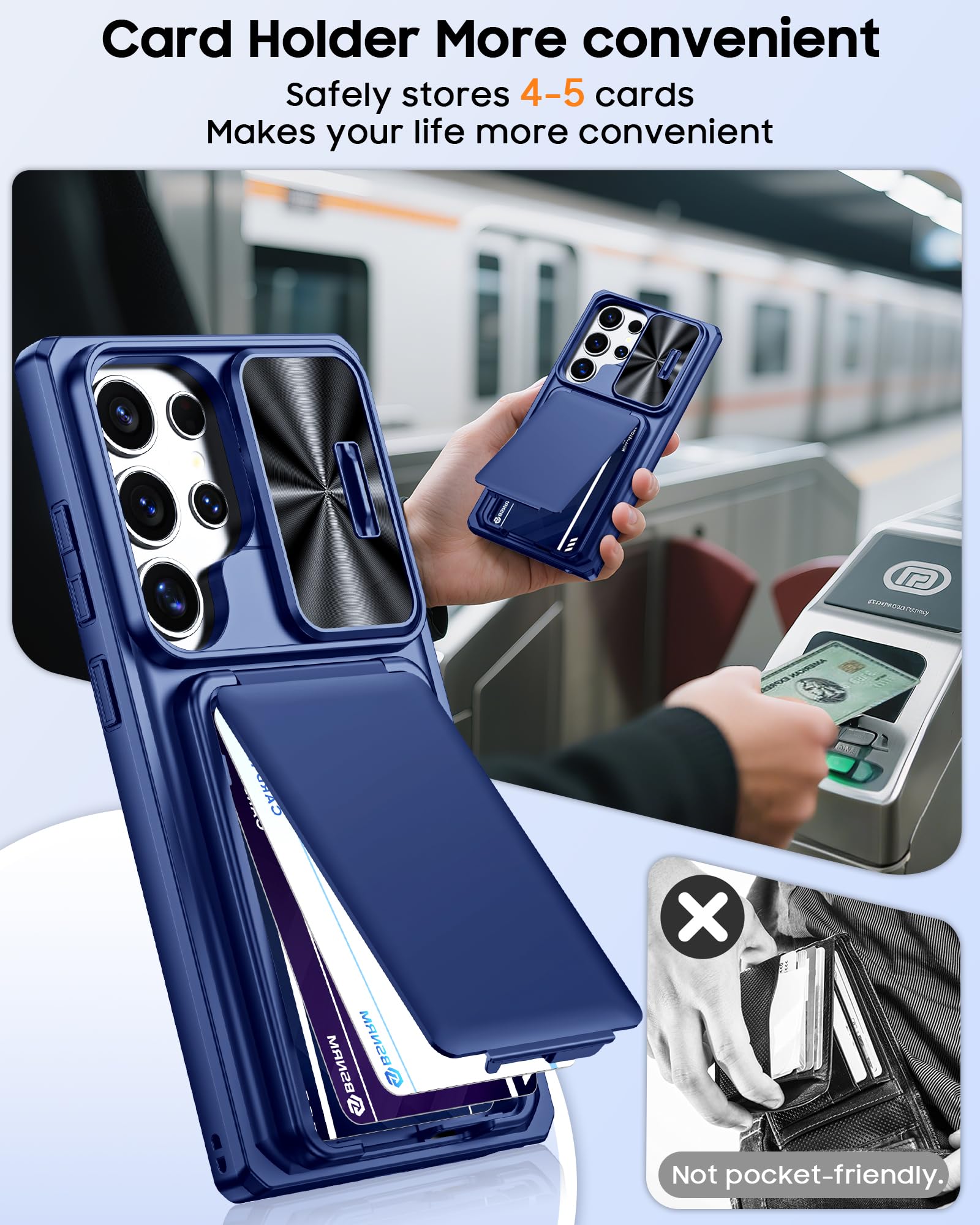 Funda tipo cartera para Samsung Galaxy S24 Ultra con bloqueo RFID, tarjetero, cubierta para lente de cámara deslizante, borde de silicona elevado, funda resistente para teléfono Galaxy S24 Ultra