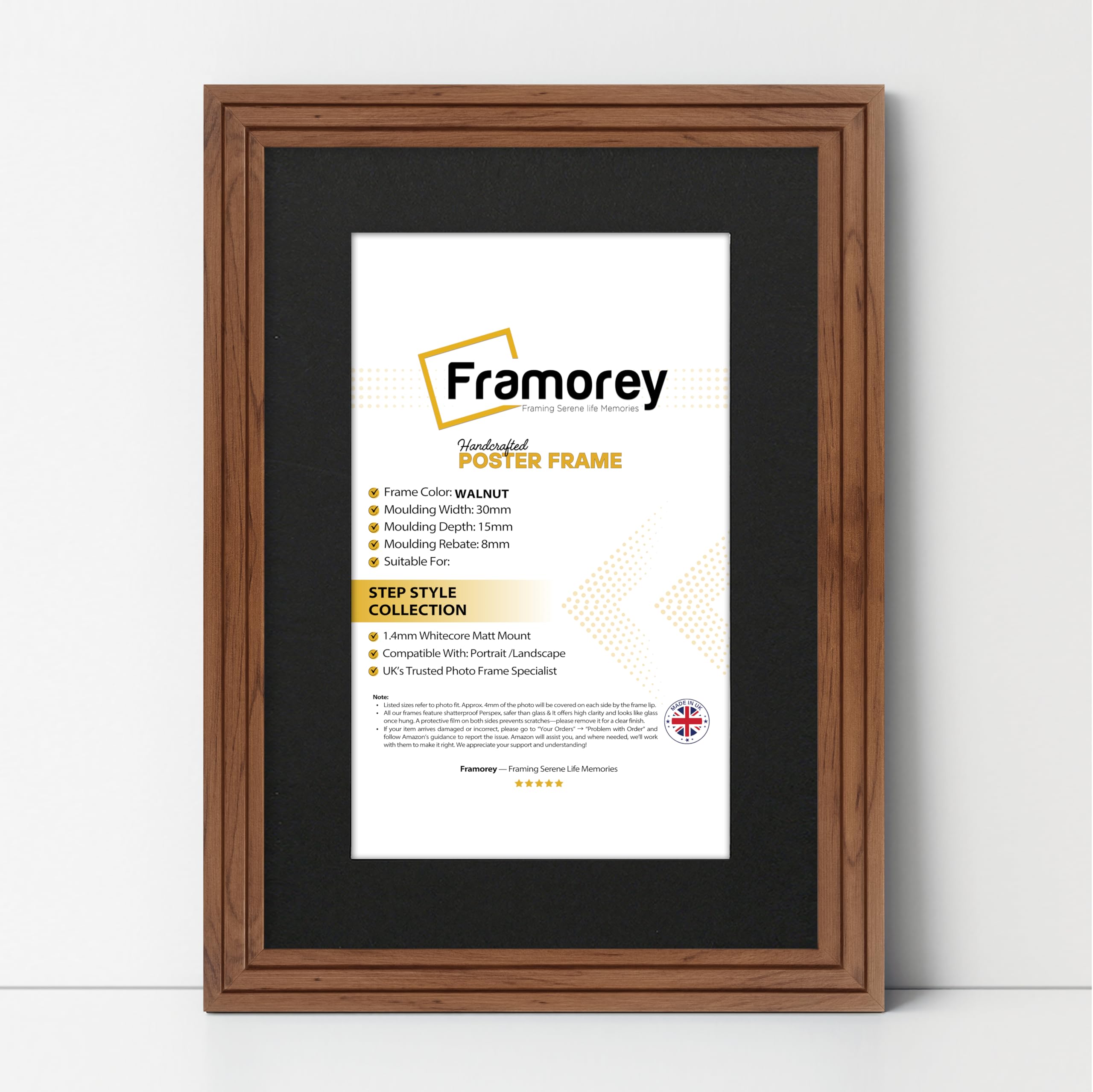 FRAMOREY Oxford Step Style Wooden Effect Picture Frame, 22x16" Size Walnut Photo Frame With 18x12" Size Black Mount, Casual Wall Art Poster Frames, Photo Print Frames