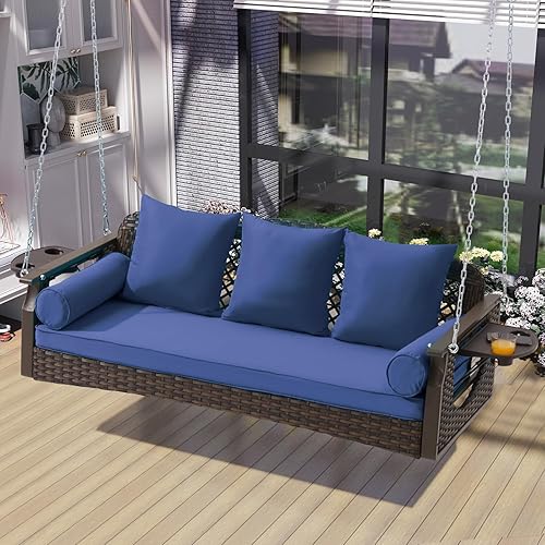 Miniatura 6 de Columpio de porche de 3 asientos, columpio de mimbre para patio con portavasos y 3 cojines traseros, columpio de patio con cadenas para terraza,