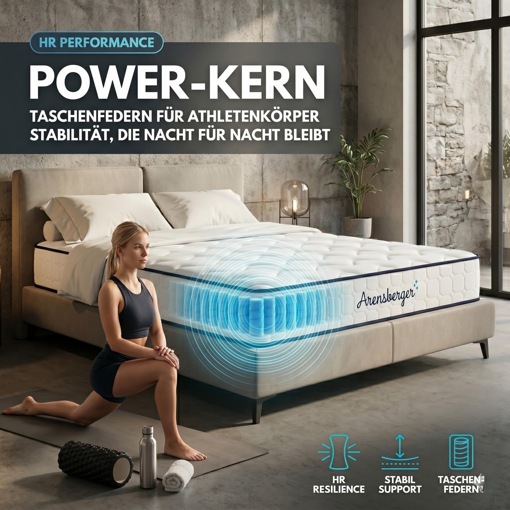 Arensberger Lena, materasso a molle con memory foam, 160 x 200 cm, altezza 21 cm, durezza H3/H4, materasso a molle insacchettate, materasso arrotolabile, ergonomico