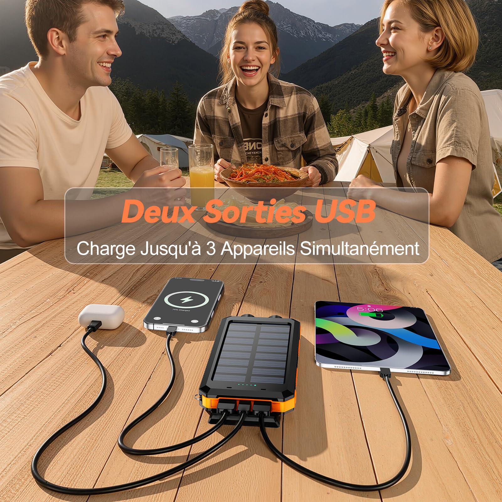 Vikeri Chargeur Solaire 26800 mAh, Batterie Externe Solaire Etanche, Port USB-C pour Une Charge Rapide, Batterie Solaire avec 4 Prises, pour Smartphones, Tablettes, etc. (Orange)