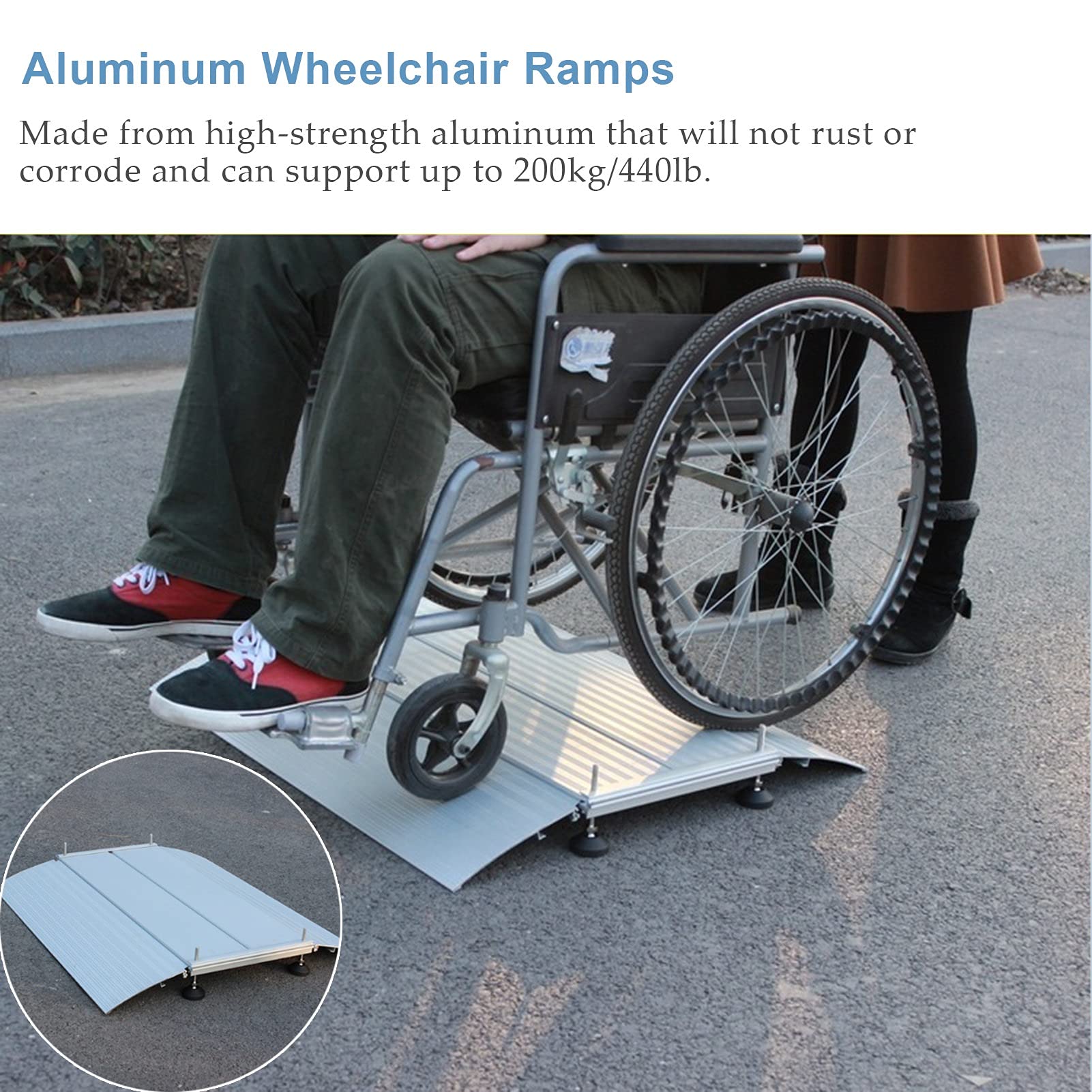 Aluminiowa rampa progowa z regulowaną wysokością, rampy do kół inwalidzkich do drzwi 6 cm / 2,4 cala wzrostu, rampy podjazdu do skuterów rowerowych, obciążenie 200 kg