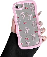 ZTOFERA for iPhone 7/8/SE Case 4.7 inch,Cute Curly Wave Frame Shape Case with Cherry Ribbon Bow Pattern, Clear Slim Shockproof Hard PC Bumper Phone Cover for Women Girls, Peach Pink