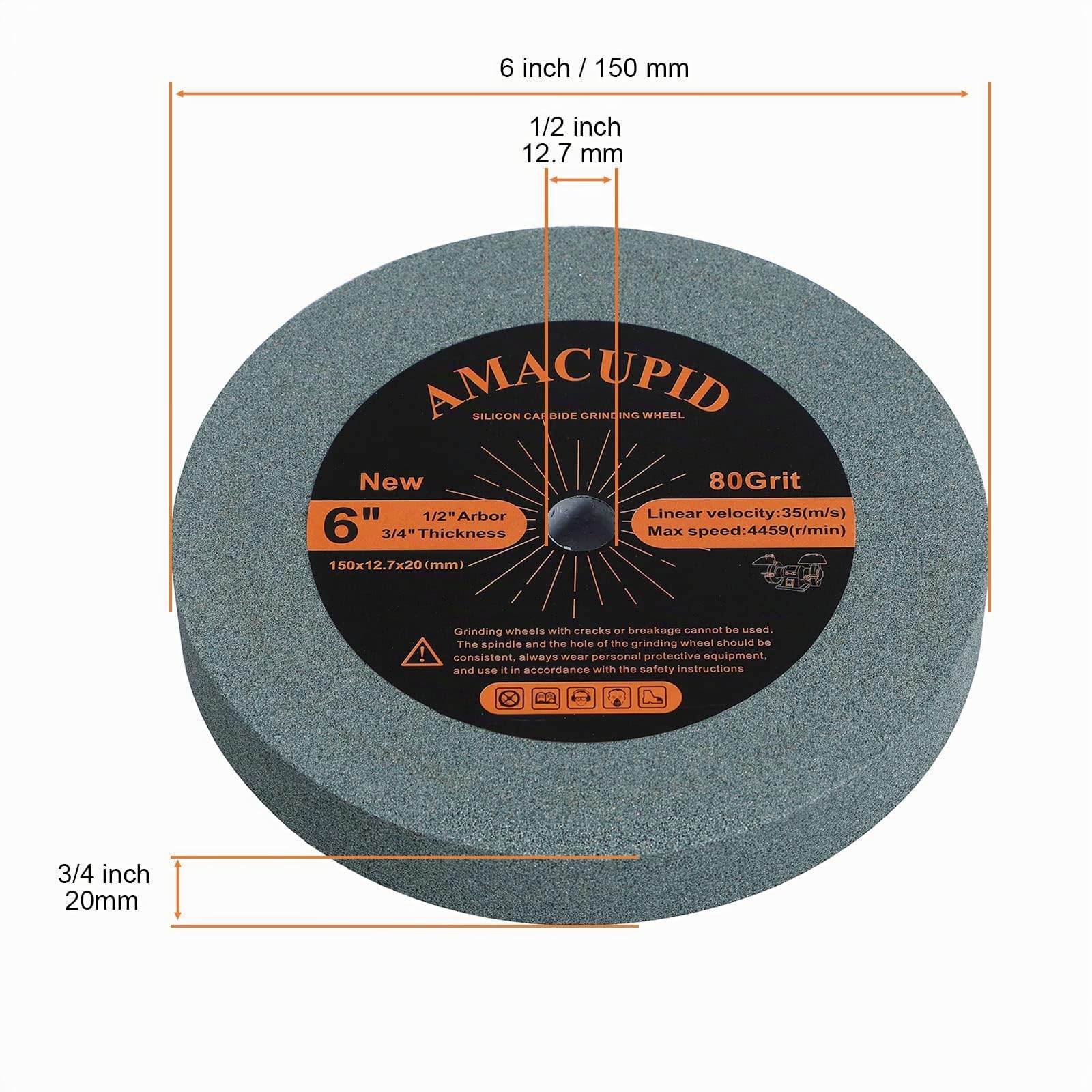 Mola da banco da 150 mm, abrasivo al carburo di silicio. Per la rettifica e l'affilatura di utensili in carburo e prodotti in materiali non metallici. Mandrino da 1/2 pollice