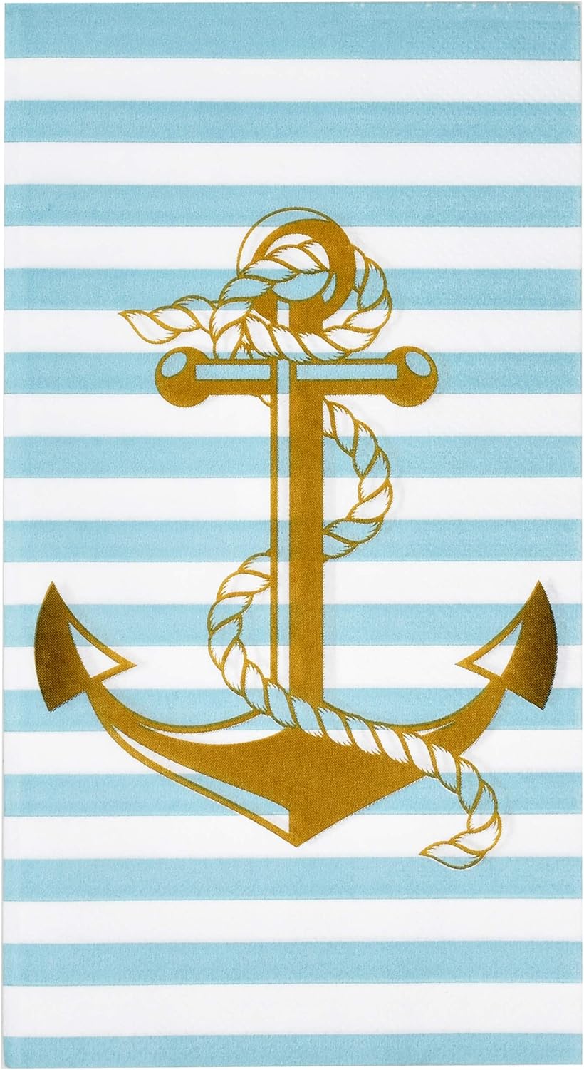 100 Nautical Anchor Guest Napkins 3 Ply Disposable Paper Pack Coastal Beach Sea Shore Boat Summer Pool Dinner Hand Napkin for Bathroom Hotel Gym Spa Party Wedding Bridal Baby Shower Decorative Towels