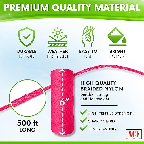 Miniatura 22 de Línea de cuerda rosa fluorescente - Cuerda de nailon trenzado #18 - Longitud de 250 pies - Cordel de nailon para herramientas de jardinería o rosa