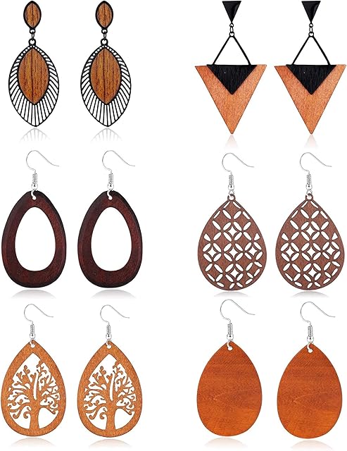 YADOCA 6-9 Pairs Wooden Dangle Earrings for Women African Earrings Natural Wood Teardrop Earrings Ethnic Statement Lightweight Pendant Drop Earrings