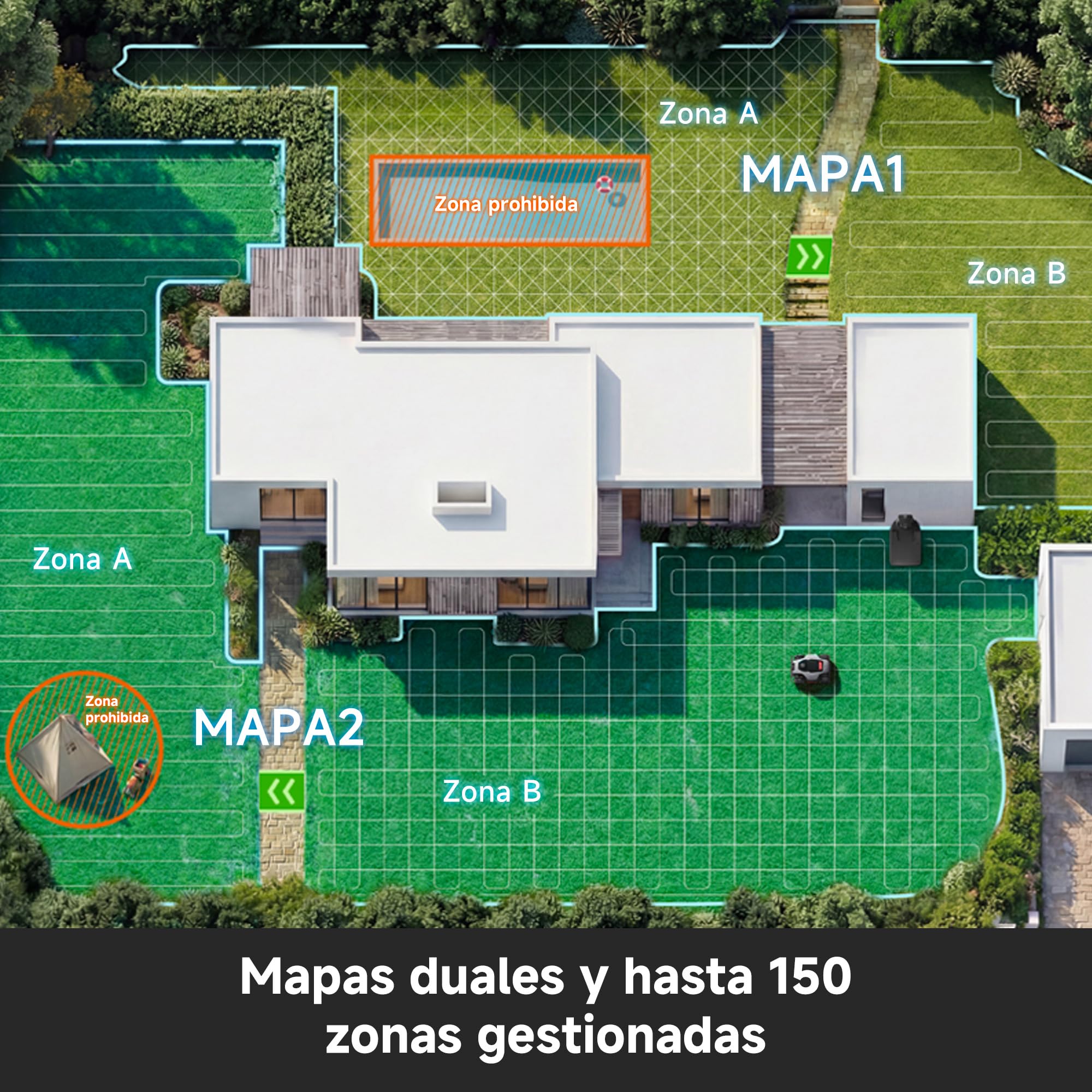 DREAME A3 AWD 2000 Robot Cortacésped sin RTK, LiDAR 3D y Visión Dual con IA | Cubre 2000㎡, Motores de Buje AWD, 80% (38,7°) de Pendiente y Obstáculos de 5,5cm, EdgeMaster: Cortado de Bordes de＜5cm