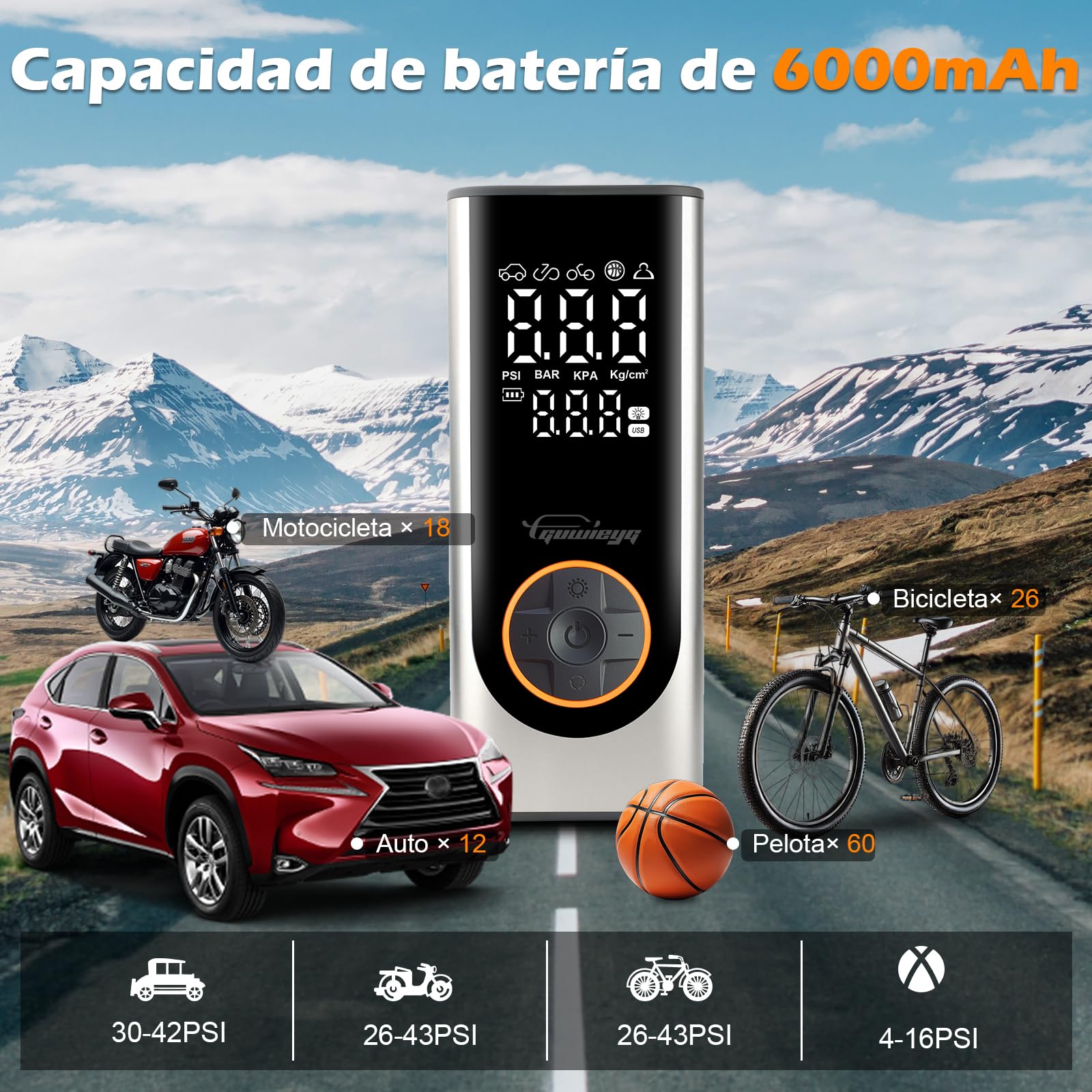 Compresor Aire Portatil, Inflador Ruedas Coche de 6000 mAh, Bomba de Neumáticos Eléctrica con Linterna LED para Coche, Bicicleta, Motocicleta y Balones