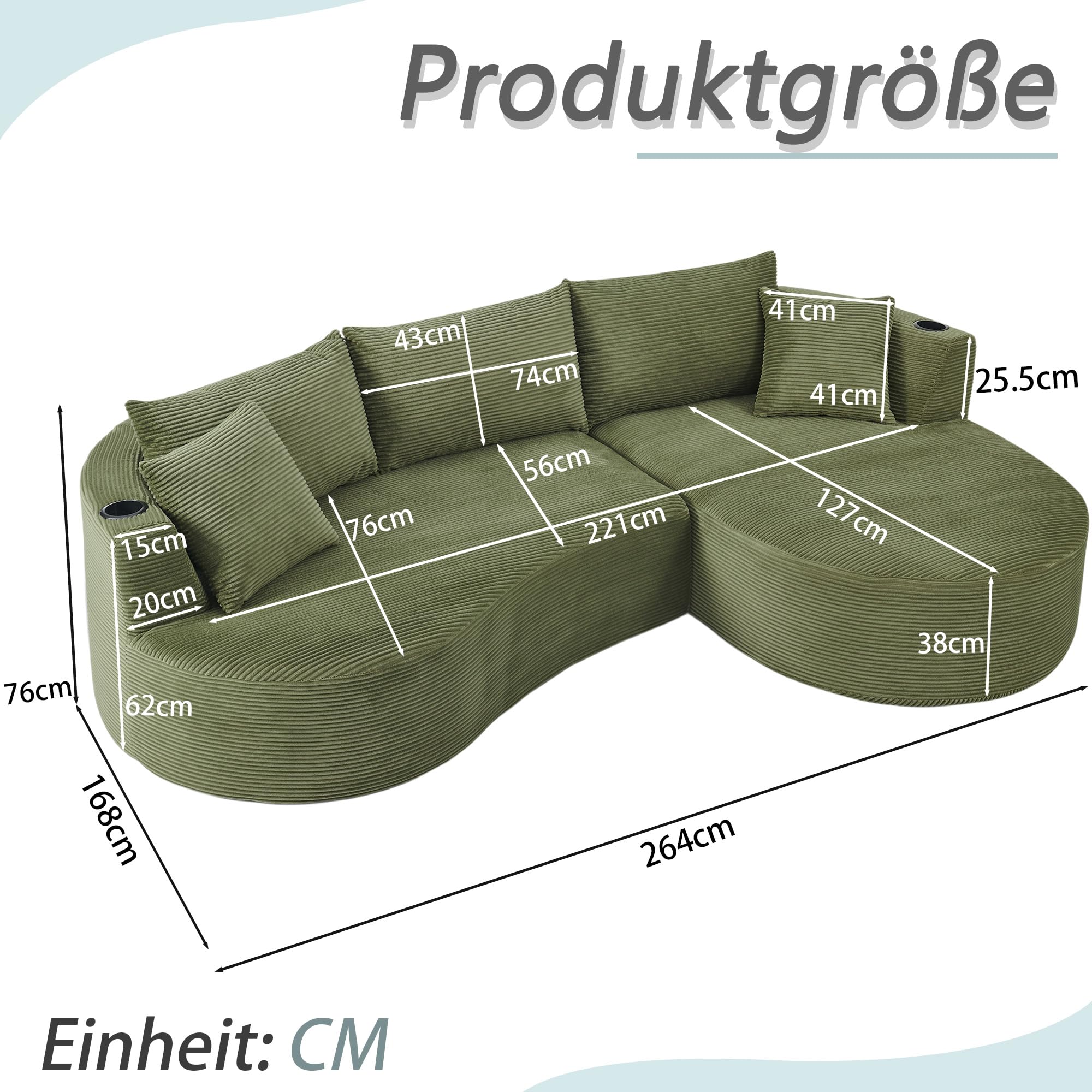 Muskel 3-Sitzer Kompressionssofa,Rechte Chaiselongue+2-Sitzer, Bogenförmiges Design, weicher Kordstoff, mit Getränkehalter und Kissen, vakuumverpackt, für Wohnzimmer, Hotel, Apartment und Büro,Green