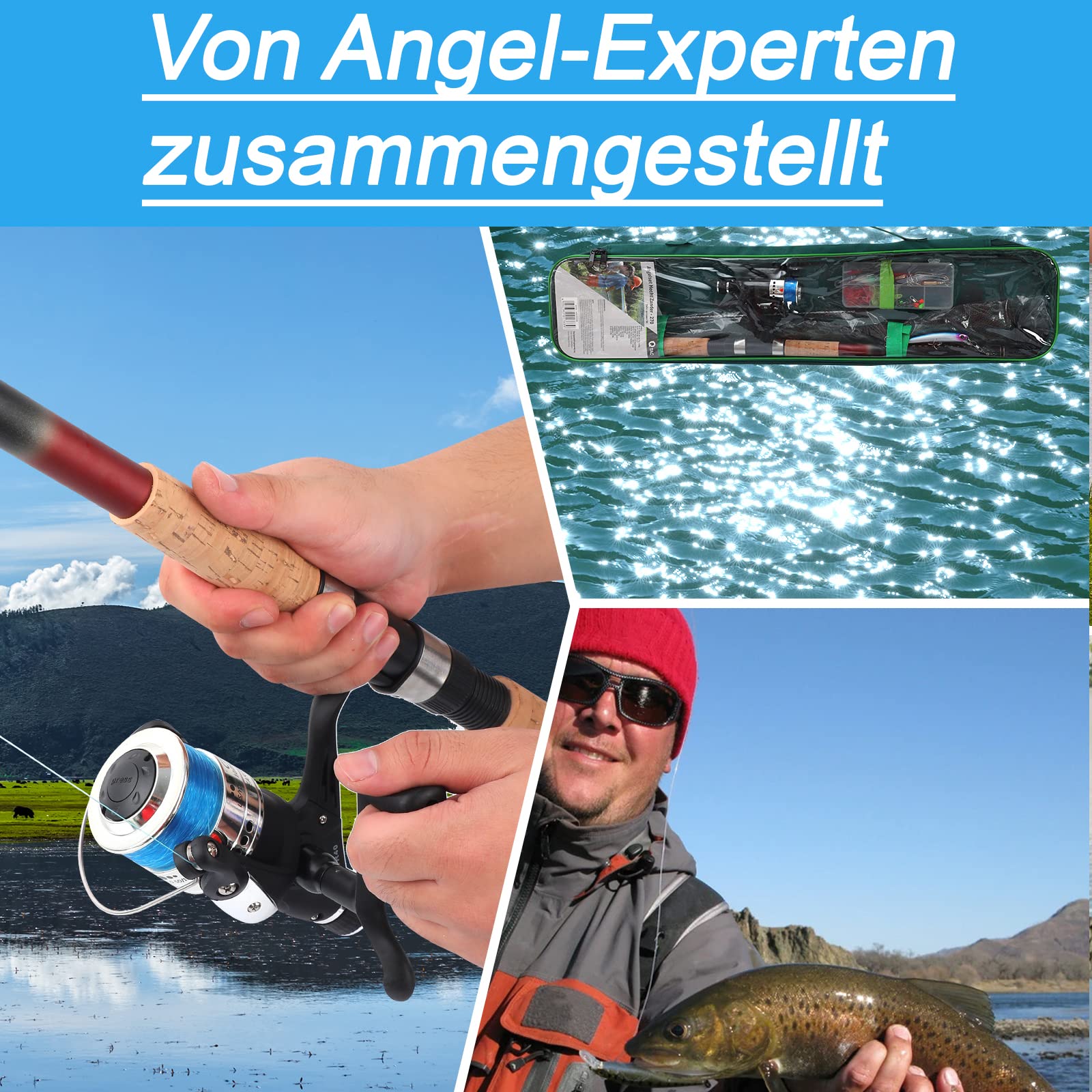 Angelset Hecht/Zander mit Kescher [Angelfertig montiert & Angelrolle bespult], Angel Set komplett Profi & Einsteiger, Starter-Set für Raubfisch Angeln, Teleskoprute 2,70 m