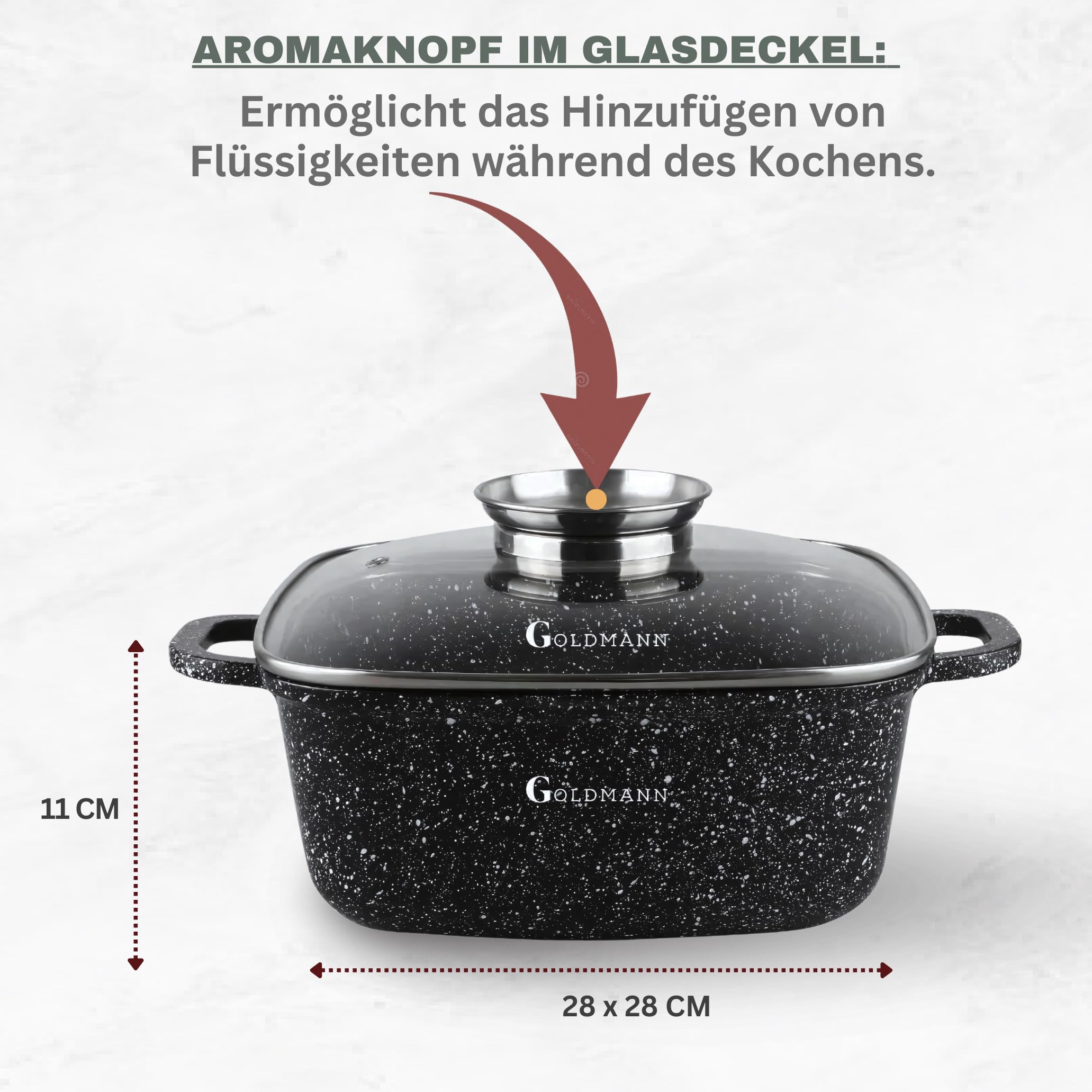 GOLDMANN 28x11 cm (6,5 l) quadratischer aus Aluminiumguss Bräter mit Glasdeckel – Antihaft-Marmorbeschichtung, geeignet für alle Herdarten inklusive Induktion & PFOA-frei