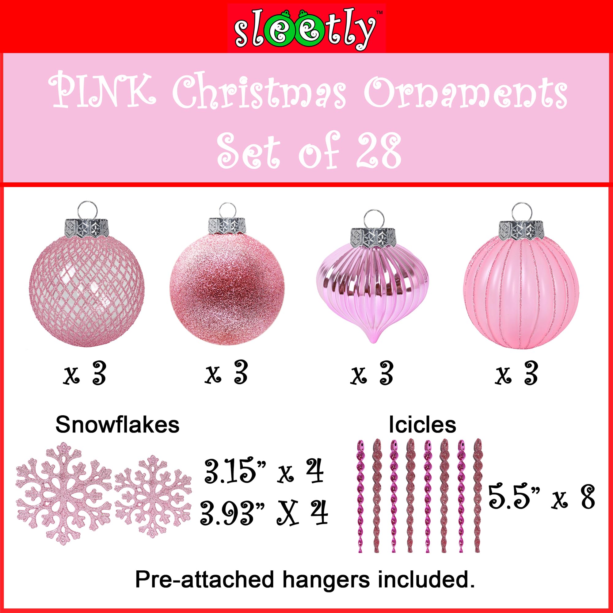 SLEETLY 28pk Pink Ornaments for Christmas Tree Holiday Xmas Decorations, Shatterproof Plastic 3.15 Balls, Icicles and Snowflakes
