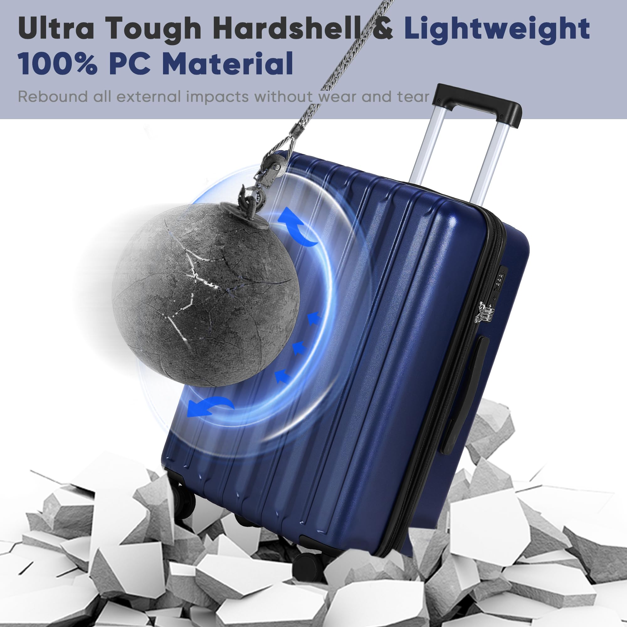 SHOWKOO Set di Valigie Rigide 3 Pezzi 100% Policarbonato Bagaglio Leggero Espandibile Ultra Durevole Valigia Trolley da Viaggio con Serratura Approvata Dalla Tsa e 4 Ruote Doppie M+L+XL,Blu Scuro