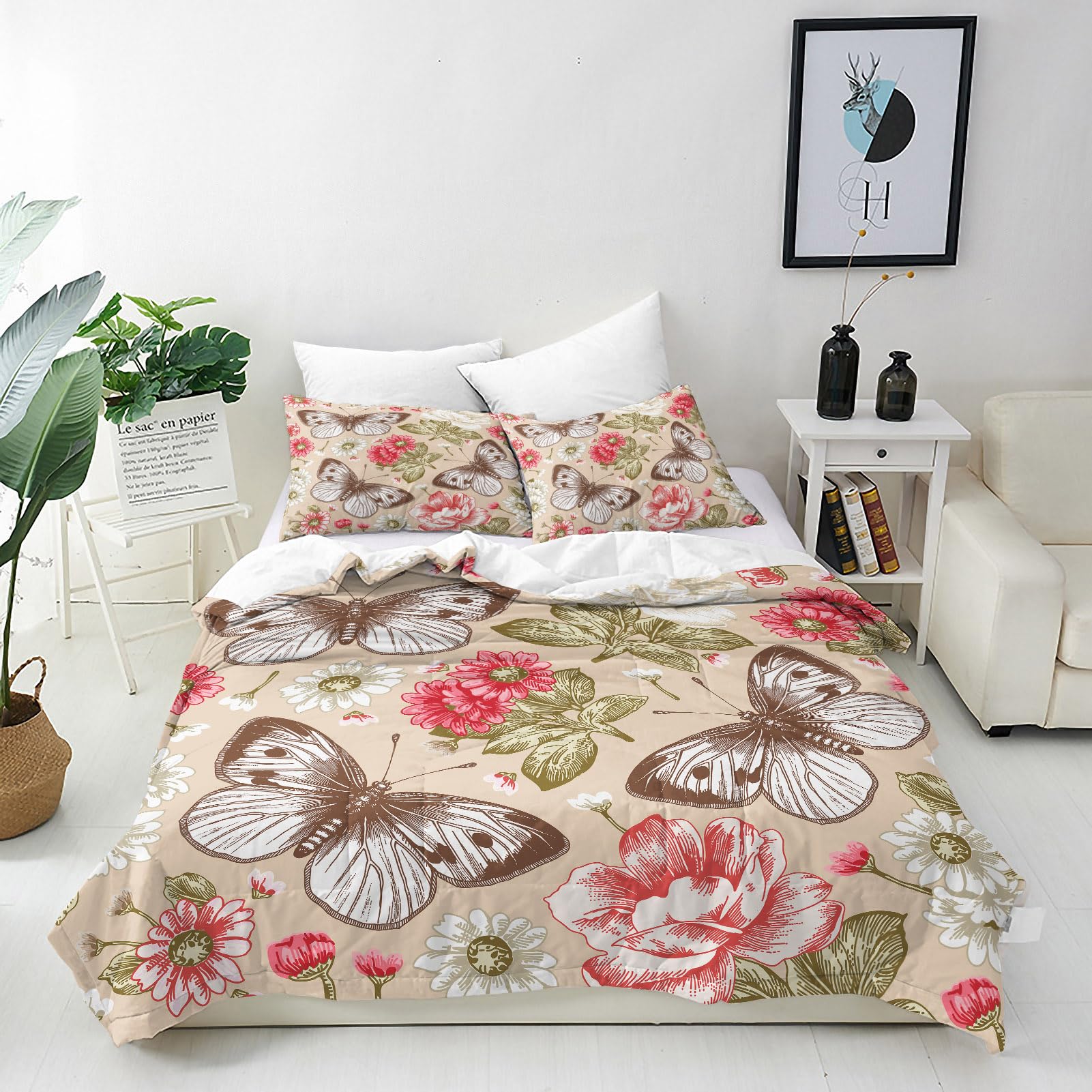 ANHOPE Butterfly Flower Duvet Cover Set Soft Lightweight Microfibre Quilt Cover with 2 Pillowcase Vintage Floral Peony Print Pattern 3 Pcs Bedding Set with Zipper Closure Single 135 x 200 cm — image 1