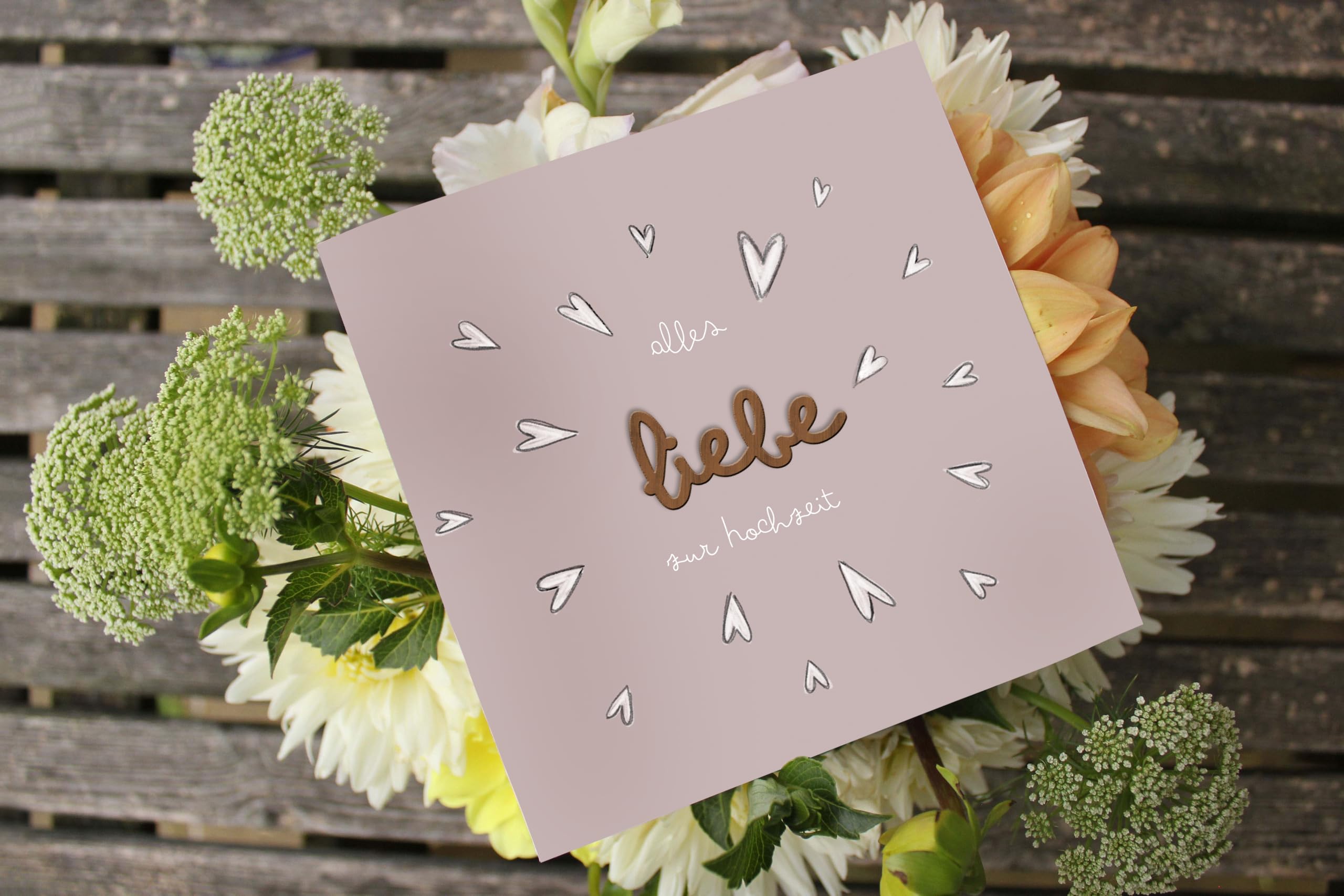 Holzgrusskarten Original Wedding Card for Special Congratulations on the Wedding, Motif Alles liebe zur Hochzeit, Hochzeitsbillet, Greeting Card, Postcard, Gift Card for Couple