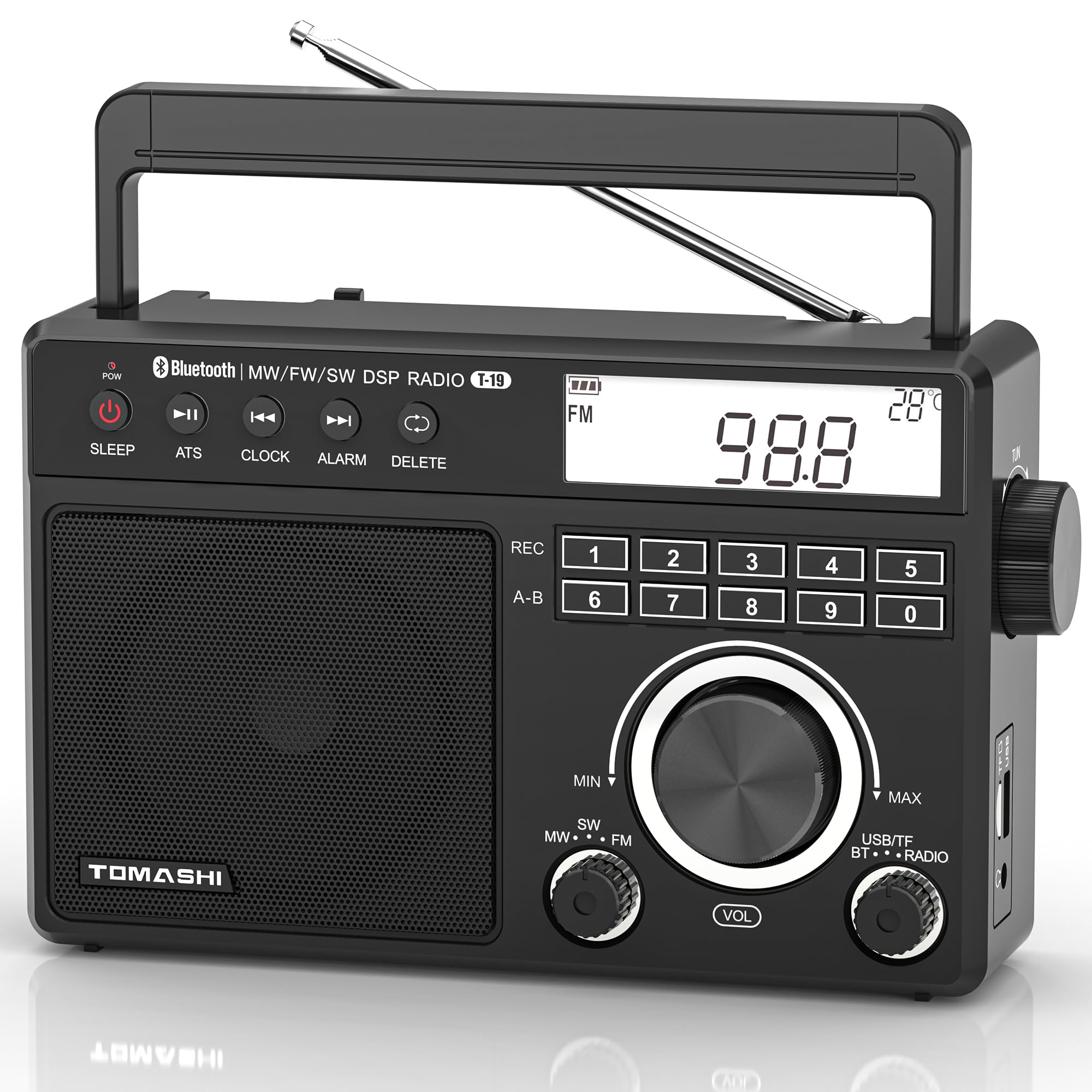 TOMASHI Portable Shortwave MW FM Radio with Bluetooth, ATS Tuning, Clock & Alarm, Recording, MP3/WMA Playback via USB/SD Card, Battery Operated Radio