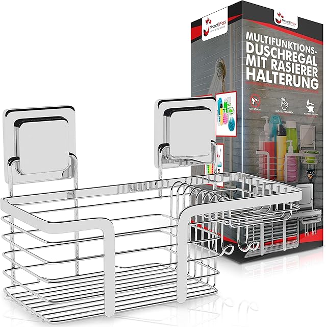 Shower Caddy tidy accessory bathroom shelf shelves no drilling drill | stainless steel rust proof | bath basket storage with adhesive magic sticker | wall mounted organiser rack shampoo holder soap