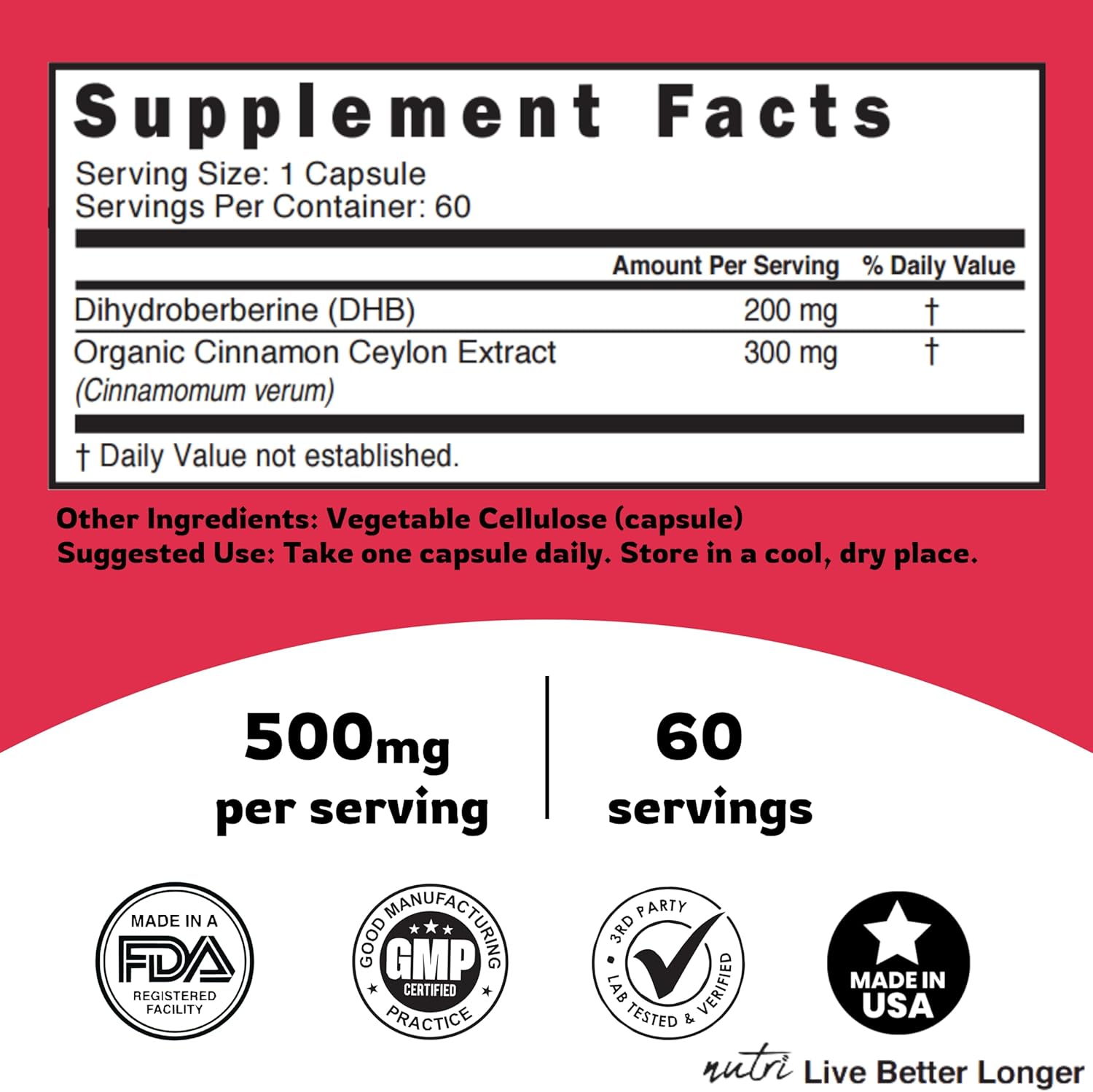 Dihydroberberine Supplement 200mg 60 Capsules - with Organic Ceylon Cinnamon, 54X More Bioavailable Than Regular Berberine HCL - Nutri Supplements Dihydroberberine 200mg - 3rd Party Tested - Vegan - Image 5