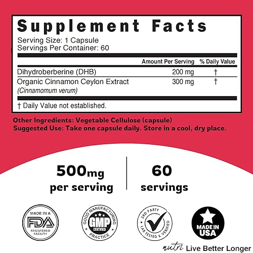 Miniatura 5 de Nature's Fusions Suplemento de dihidroberberina de 200 mg 60 cápsulas - con canela de Ceilán, 5 veces más eficaz que el HCL regular de berberina -