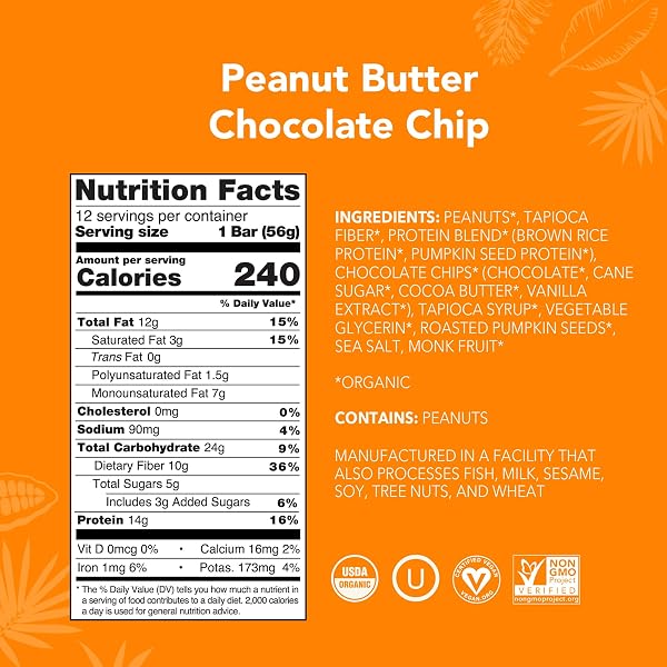 ALOHA Organic Plant Based Protein Bars in Peanut Butter Chocolate Chip feature a blend of organic proteins and whole food ingredients.