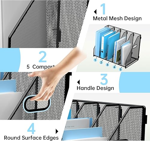 Miniatura 5 de Organizador de archivos de escritorio de metal, soporte para carpetas de revistas con 5 compartimentos verticales, organizador de archivos para
