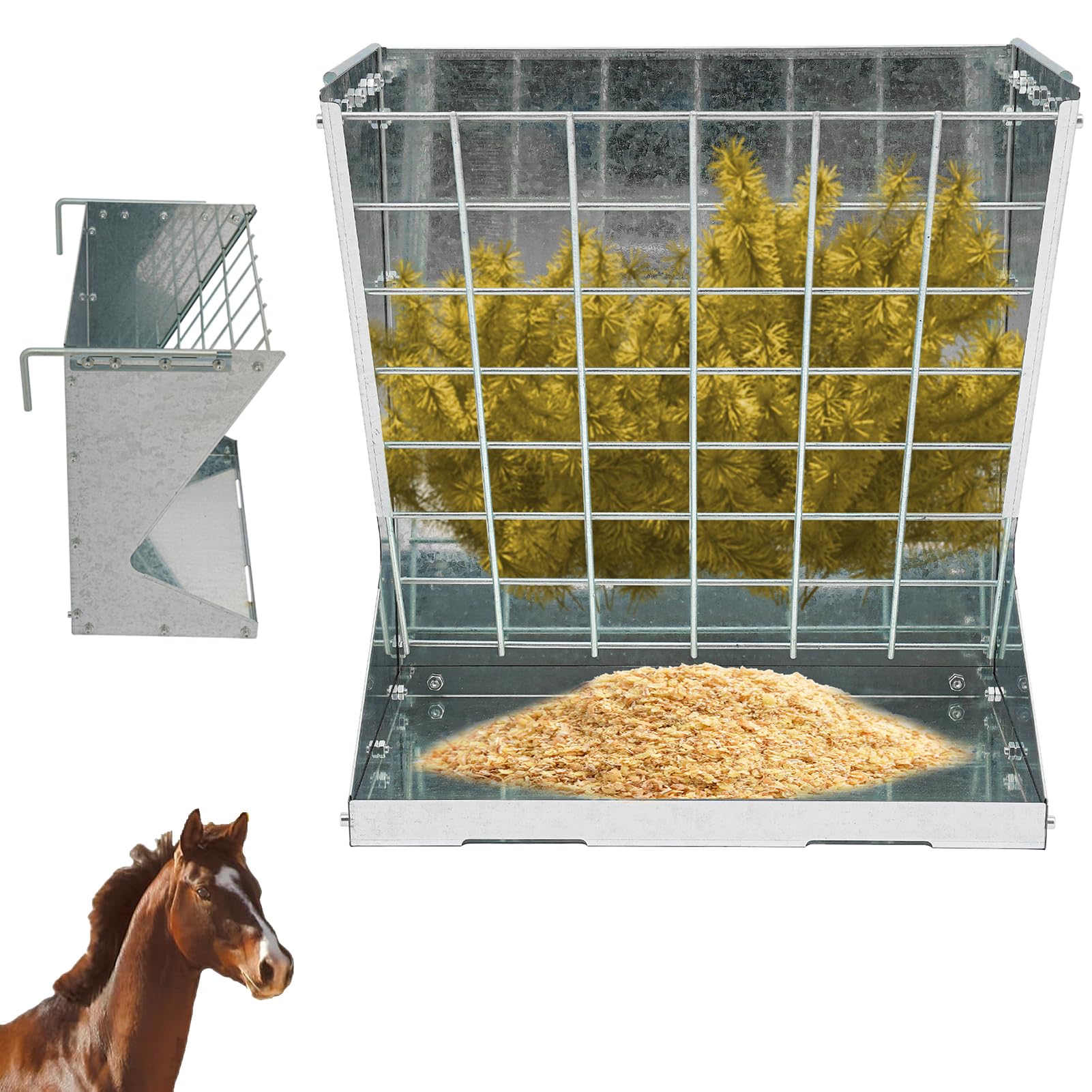 Comedero para caballos para heno con gancho ajustable, comedero para ovejas en granjas de ganado en interiores y exteriores, hasta 30 kg (plata)
