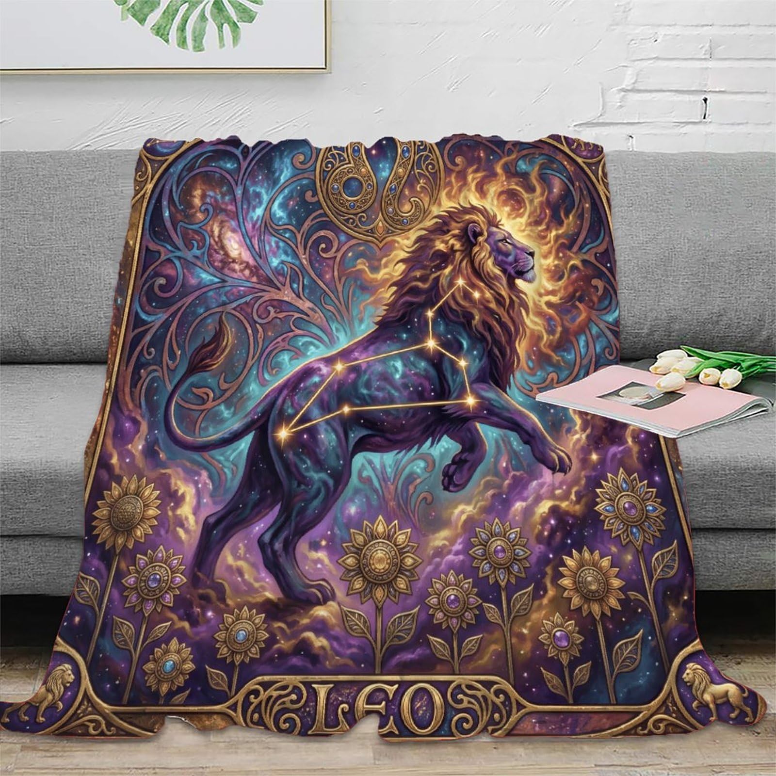 Leo Zodiac Dreamy Lion for Flannel Throw Blanket, Travel Bed Couch