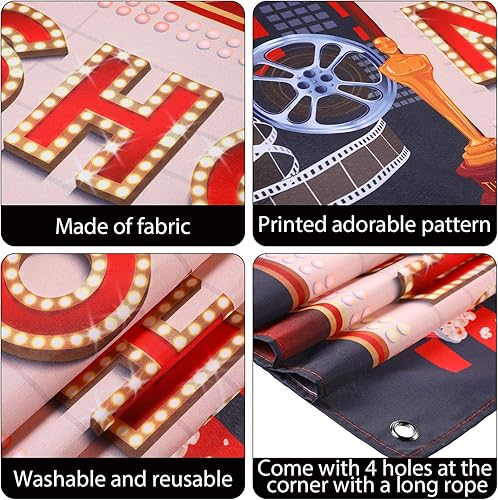 Miniatura 3 de Blulu Decoraciones de fiesta nocturna de cine 2025 Now Showing Banner de 70.8 x 15.7 pulgadas, decoración de fondo de alfombra roja, telón de fondo