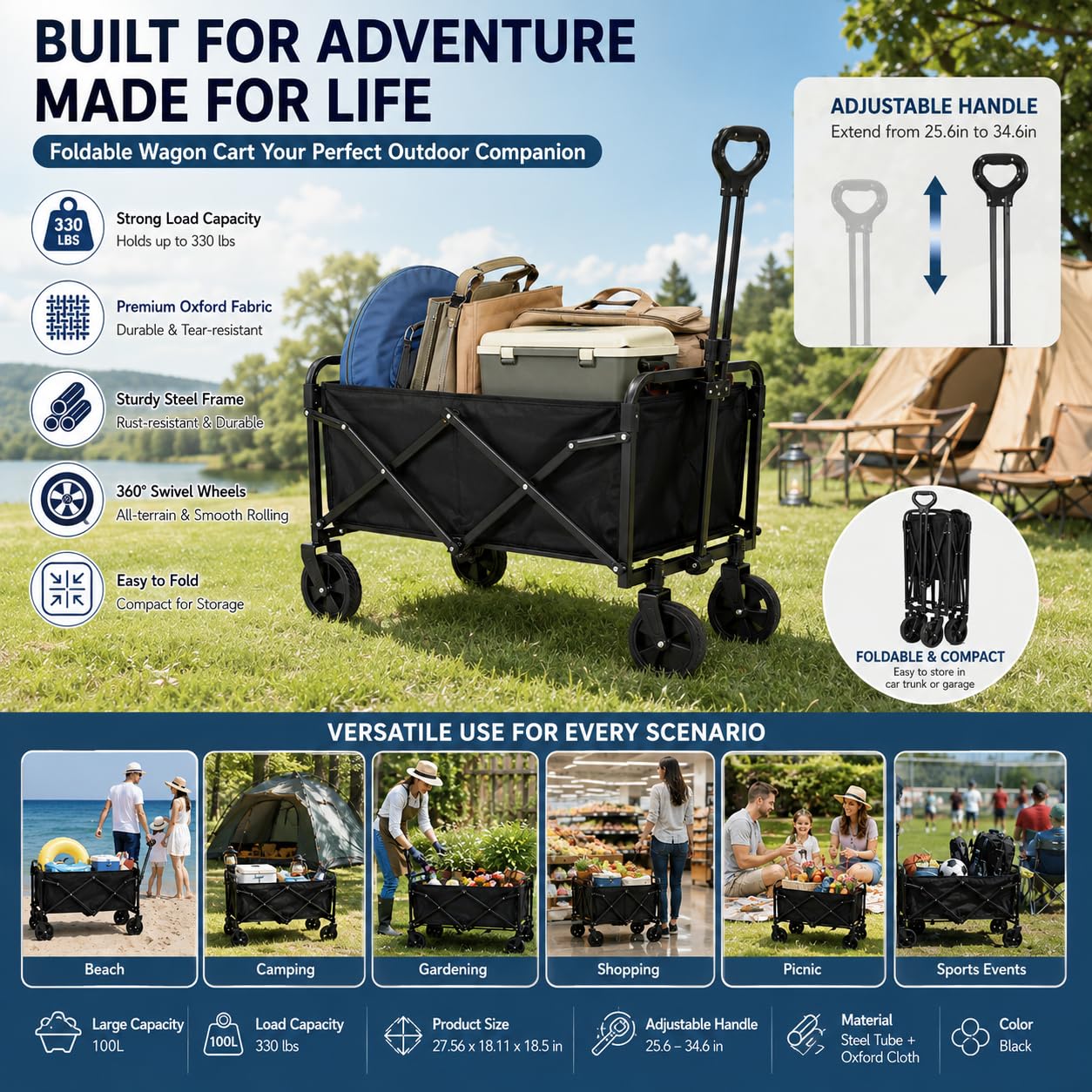 Bollerwagen Faltbar,Kleiner Handwagen Faltbar 70 x 46 x 47 cm Tragkraft 150KG,Bollerwagen mit Verstellbarem Griff für Camping Outdoor Garten Shopping