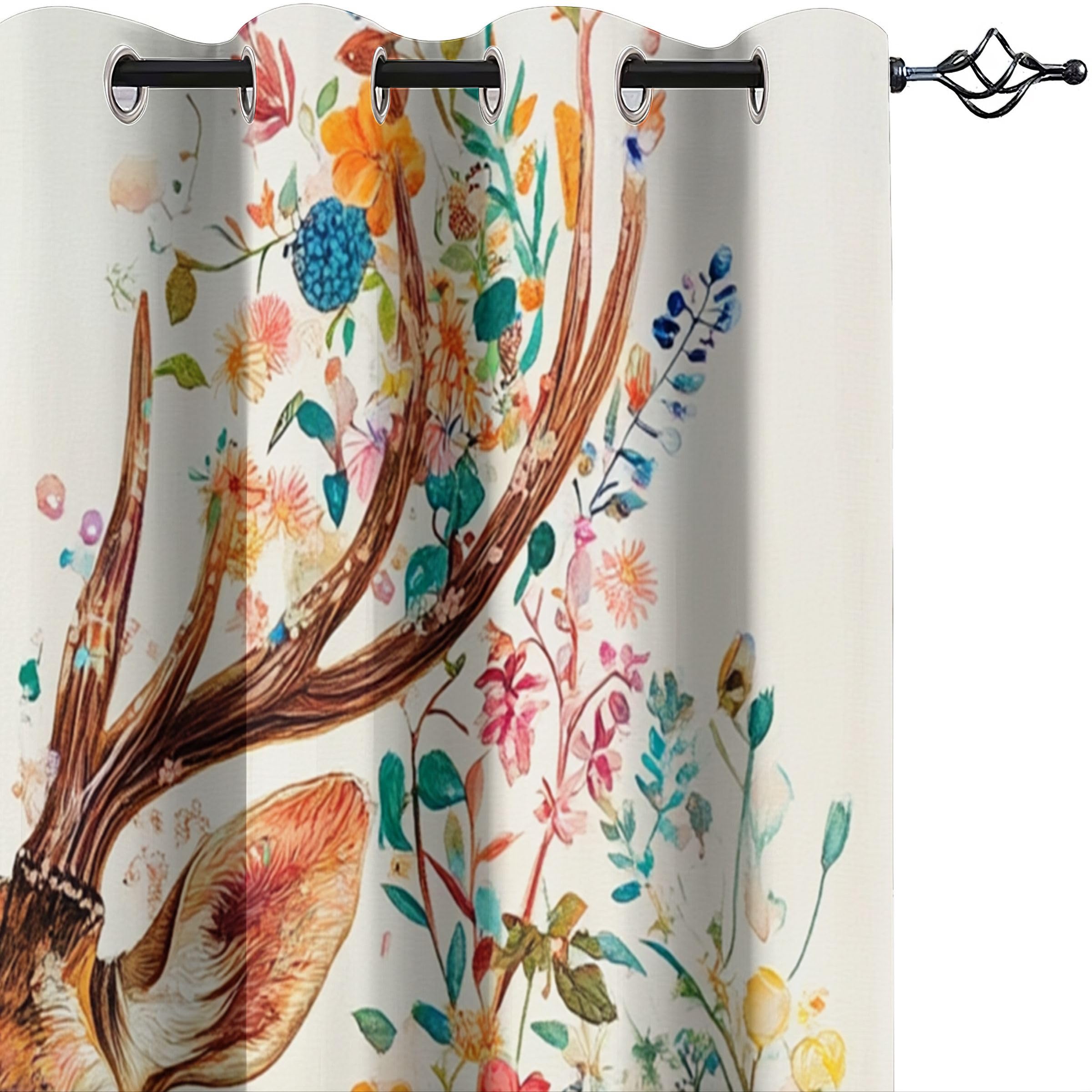 Generisch REH Vorhänge Wohnzimmer Modern Blickdichte Gardinen Bunte Blumen Tier Hirsch Ösenvorhang 2er Set Verdunklungsvorhänge Thermovorhang Übergardinen mit Ösen, H 175 x B 140 cm