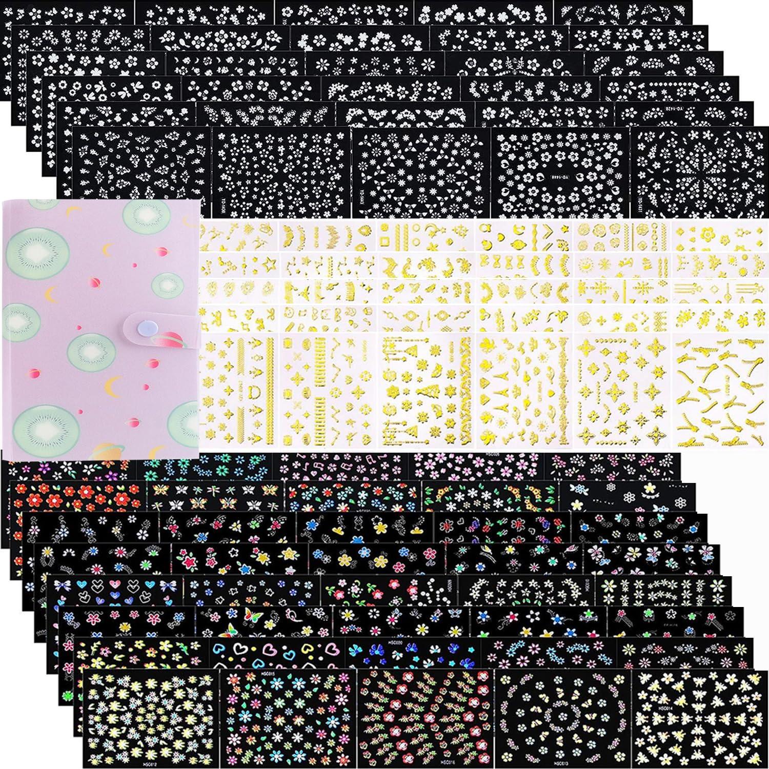 90 Sheets 3D Nail Art Stickers&Nail Decals Storage Book Set, 5D Self-Adhesive Floral Summer Nail Stickers with Rhinestones Nail Designs, Gold Nail Art