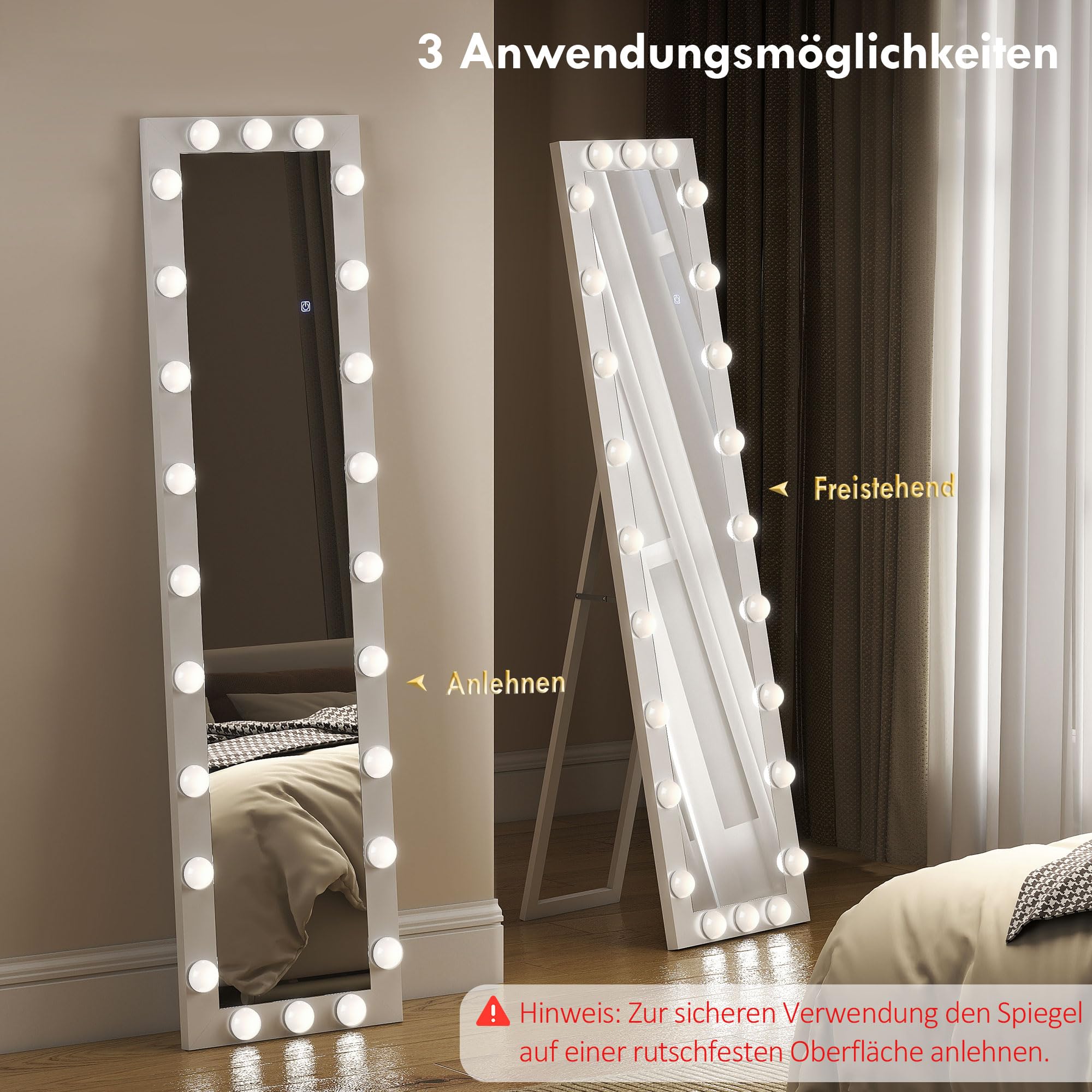 HOMCOM Specchio a figura intera 150 x 40 cm Specchio a LED con 24 lampadine 3 colori di luce dimmerabili Specchio da parete con interruttore a sfioramento, funzione memoria specchio reclinabile per
