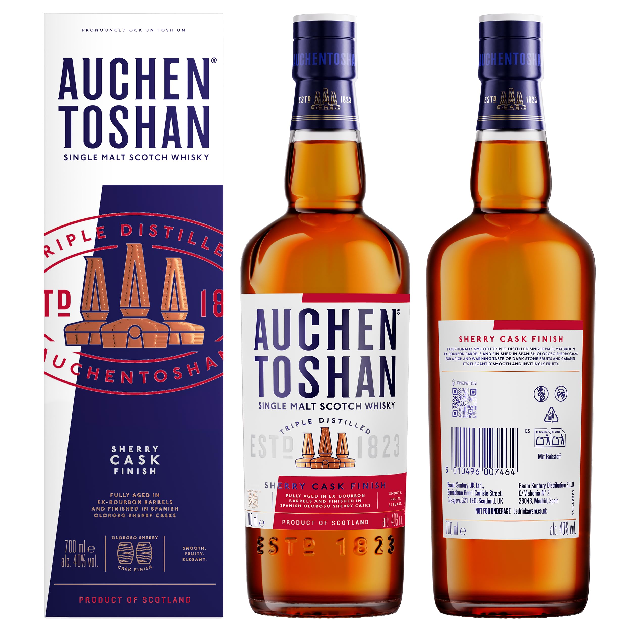 Auchentoshan Sherry Cask Finish - Single Malt Scotch Whisky - mit Geschenkverpackung - Dreifach destilliert - Fruchtig & Mild - Noten von Karamell, Rosinen & Gewürzen - 40% Vol - 700ml Einzelflasche