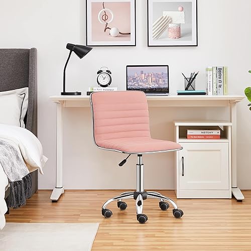 Miniatura 5 de Yaheetech Silla de terciopelo de respaldo bajo, silla de oficina acanalada sin brazos, silla de trabajo giratoria de altura ajustable, color rosa