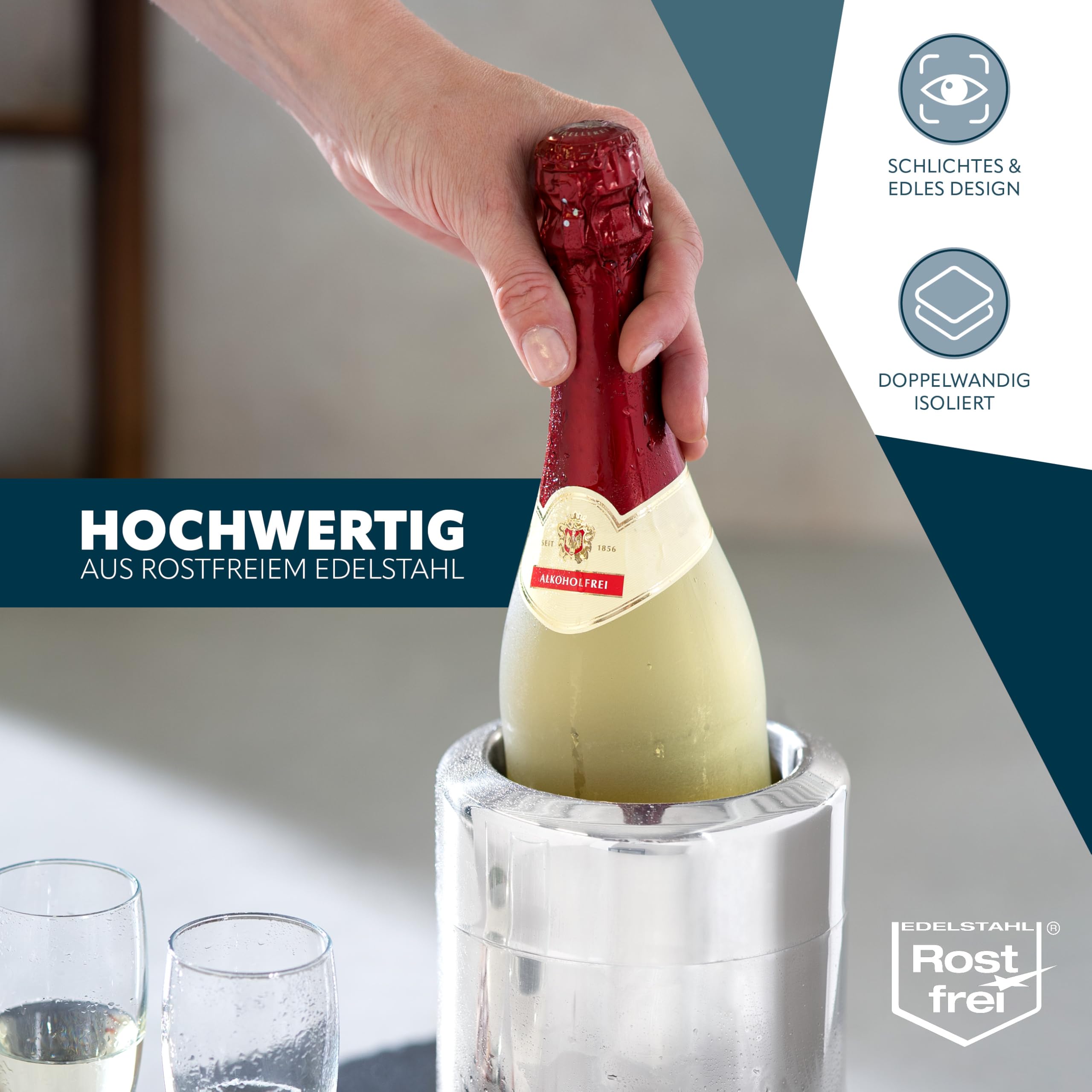 bremermann Edelstahl-Flaschenkühler mit Kühlakkus, Kühler für 750 ml-Flaschen, rund
