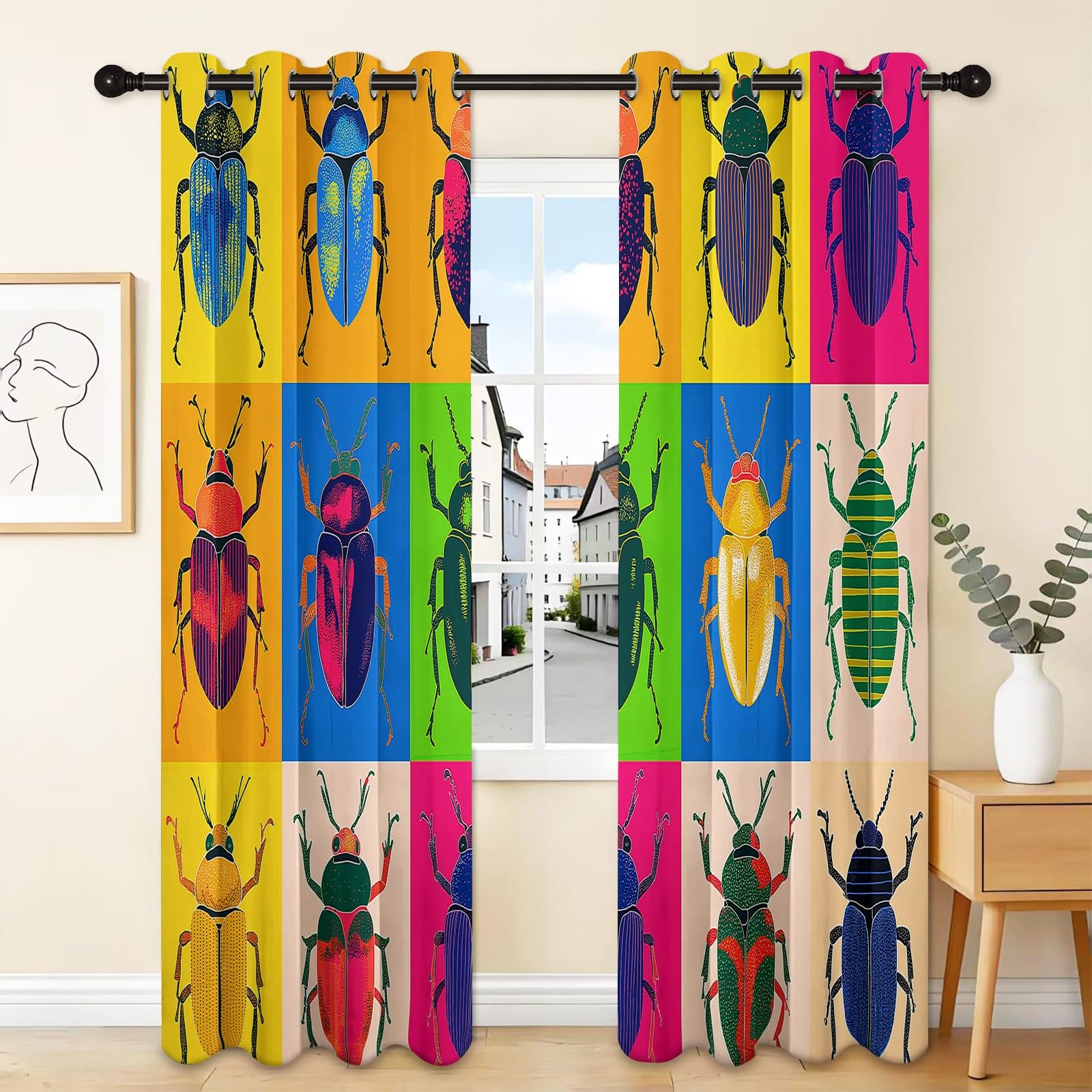 Rideaux Opaques Thermiques Grille Géométrique D'Insectes Coléoptères Rideaux De Fenêtre D'Effet 3D Polyester Occultants & Isolation, pour Chambre Salon avec Œillets 2 Panneaux 140 x 175 cm, Couleur