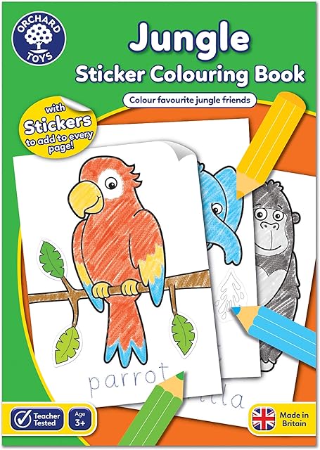 Orchard Toys Jungle Sticker Colouring Book - Educational Colouring Activity Book - Colour and Write Jungle Animals - Kids age 3 Years +