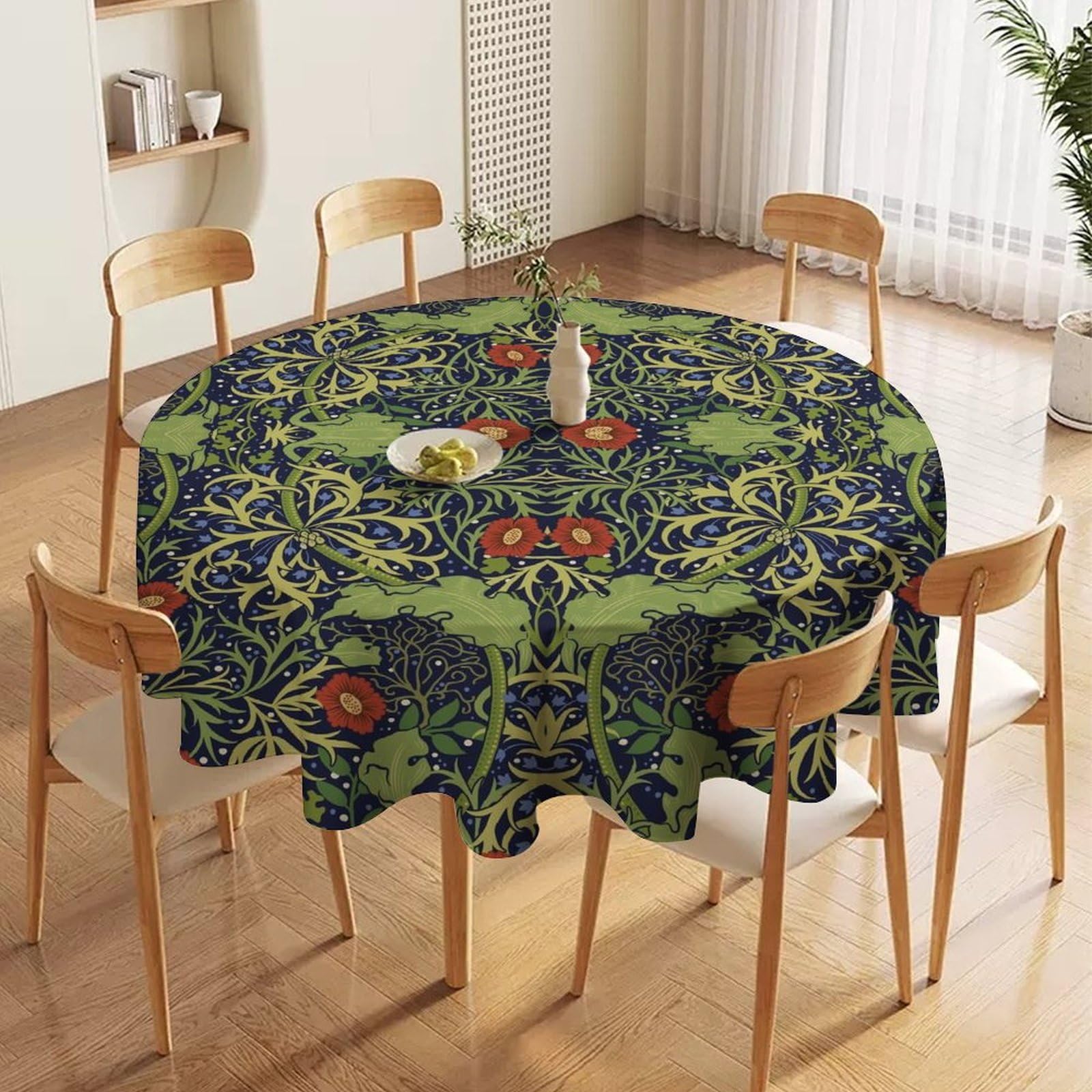 Fblifil William Morris Round Tablecloth,Vintage Watercolor Botanical Printed Boho Green Red Floral Table Cover for Dining Table, Parties and Camping