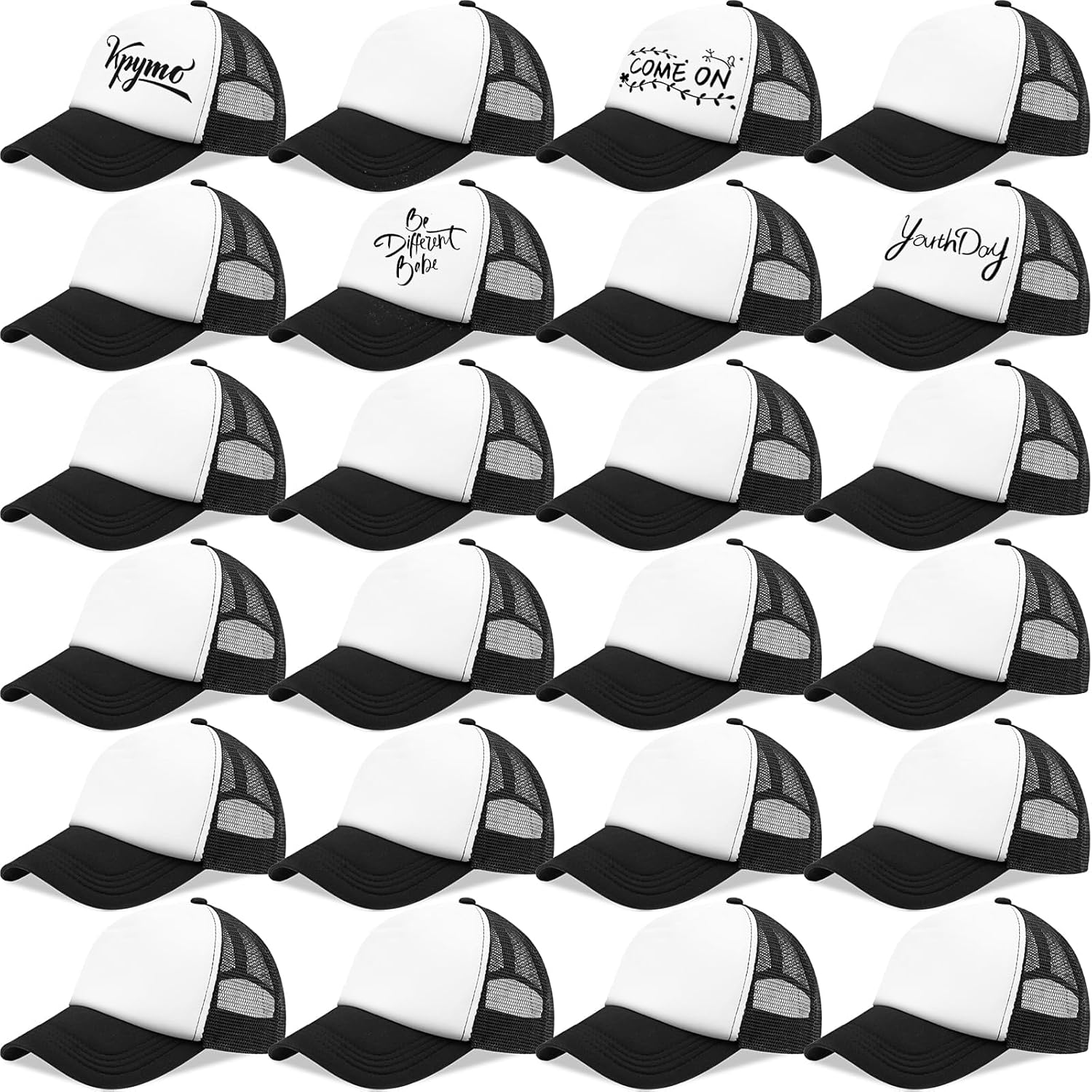 24 Pack Kids DIY Trucker Hats Bulk,Summer Mesh Baseball Cap,Blank Sublimation Trucker Cap for Child Sports Summer Camp (Black and White)