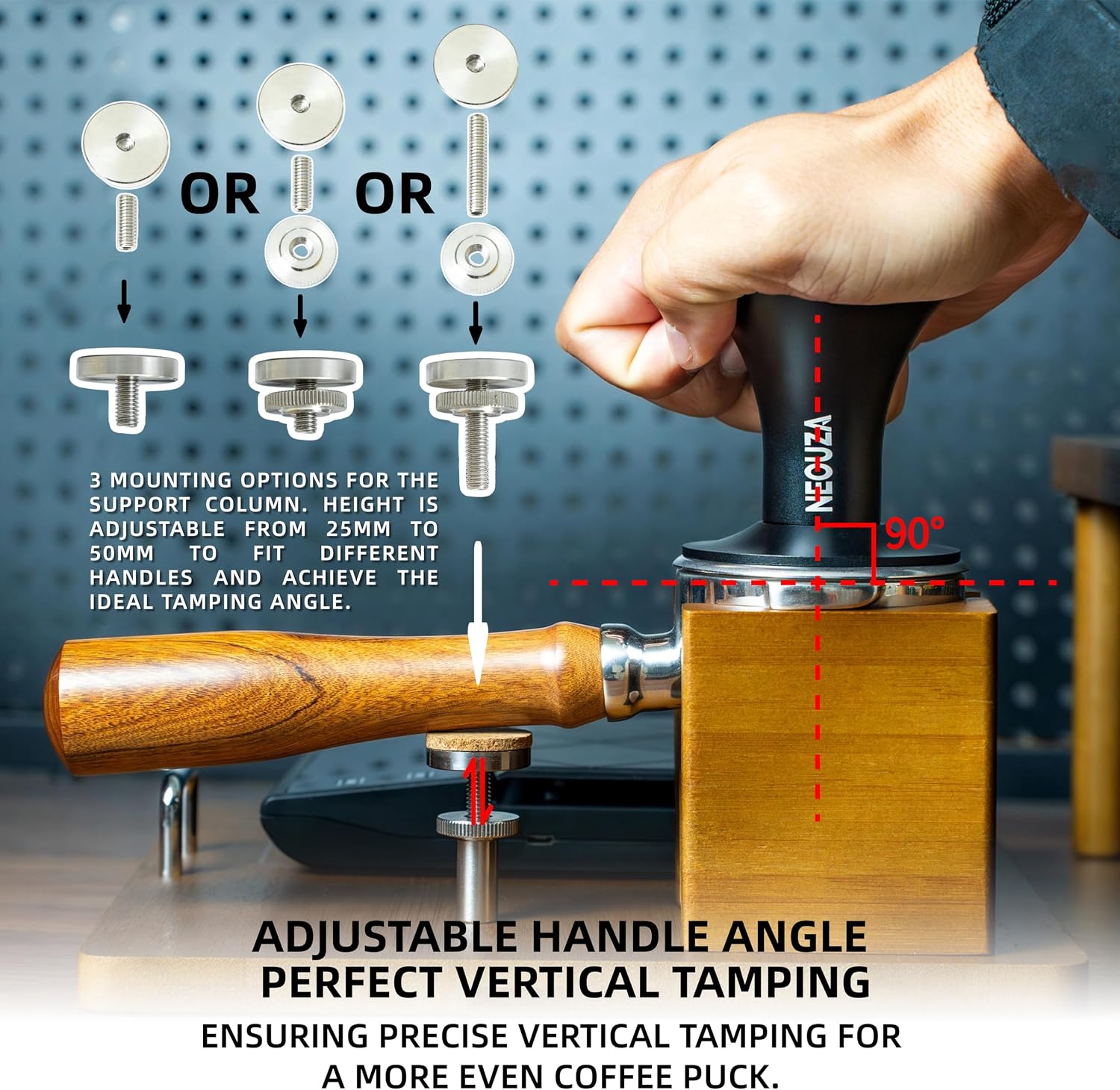 NEOUZA Espresso Organizer Station with Built-in Tamping Stand - All-in-One Bamboo Coffee Bar Workstation, Features Pull-Out Shelf, Storage for Portafilters, Tamper, Distributor & Tools