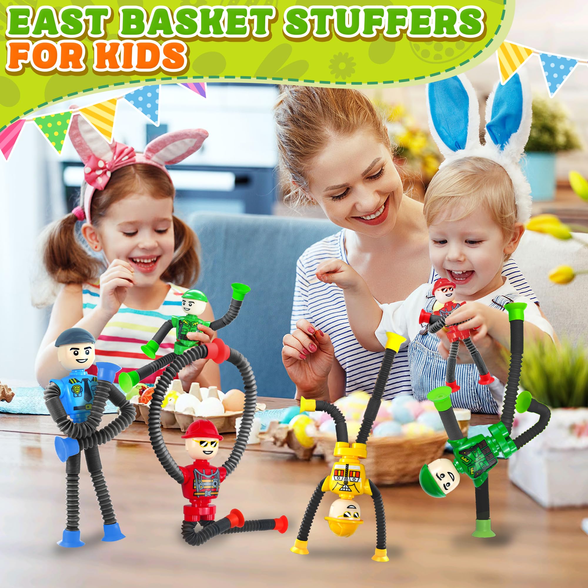 Easter Basket Stuffer Gift for Toddlers Kids Robot Sensory Travel Toys 4Pcs for Boy Year Old Ages 3 4 5 6 7 8 9, Airplane Travel Activities Suction Autistic Valentine Pop Tube Autism Fidget Toys 6
