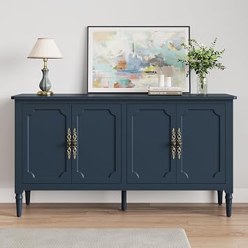 FansaFurn 58" Large Sideboard Buffet Cabinet for Living Room | Mid Century Credenza Buffet Table with 4 Doors for Coffee Bar, Storage Cabinet for Dining Room, bedroom, Blue