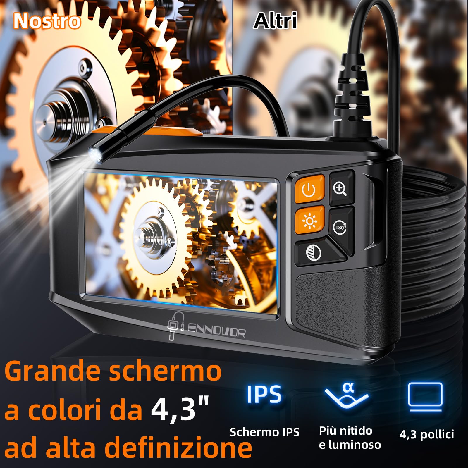 Endoscopio Industriale, 1920P HD Telecamera Endoscopica Snake, Telecamera Ispezione Tubi con Schermo da 4,3", IP67 Impermeabile Sonda Telecamera con 8 LED Regolabili, Cavo Semirigido - 5 M