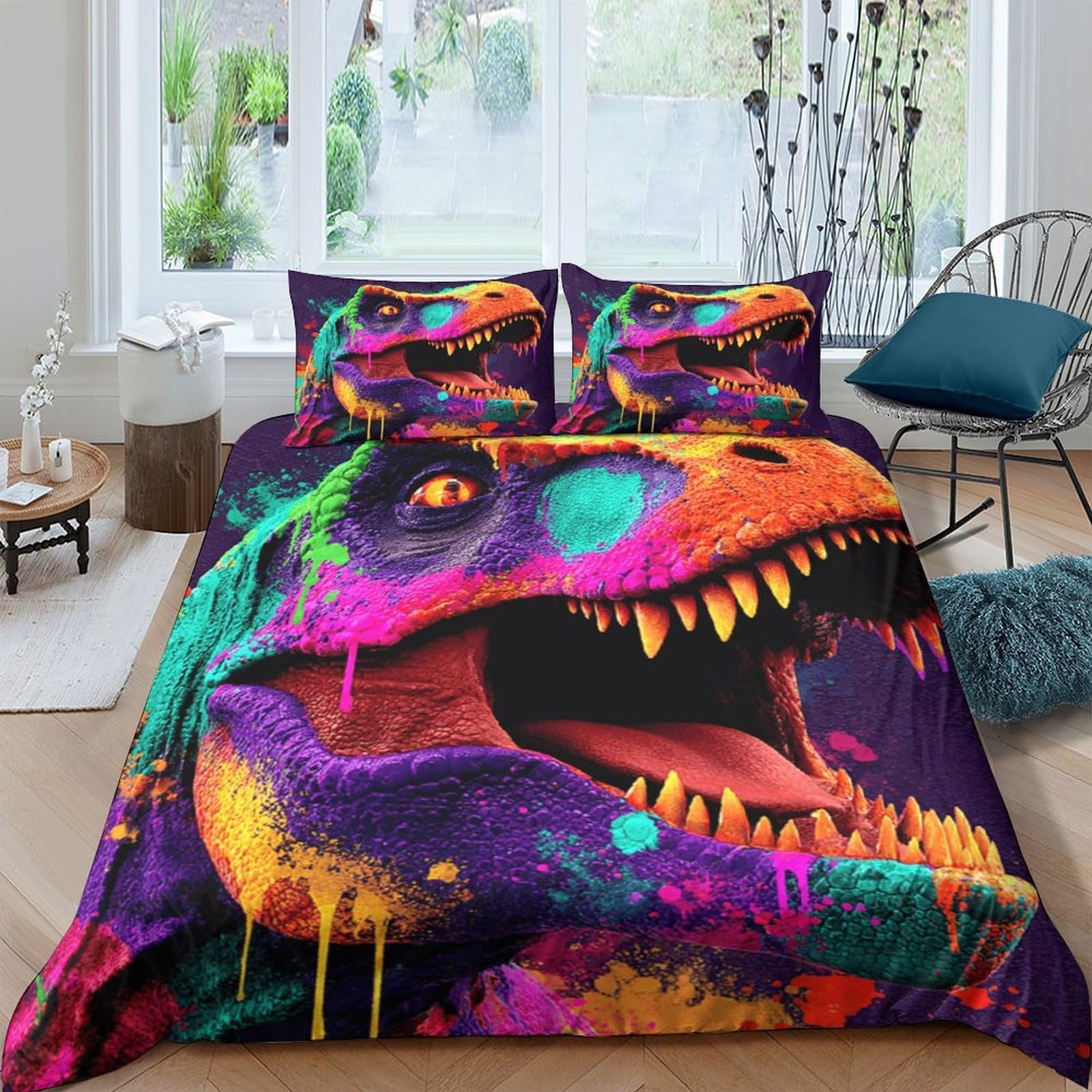 Ctjqhvkz Style-3 3D Printed Neon Dinosaur Fitted Sheet Microfiber Colourful Splash Bed Sheet For Bedroom Dorm Mattress Decor Single（135X200cm）