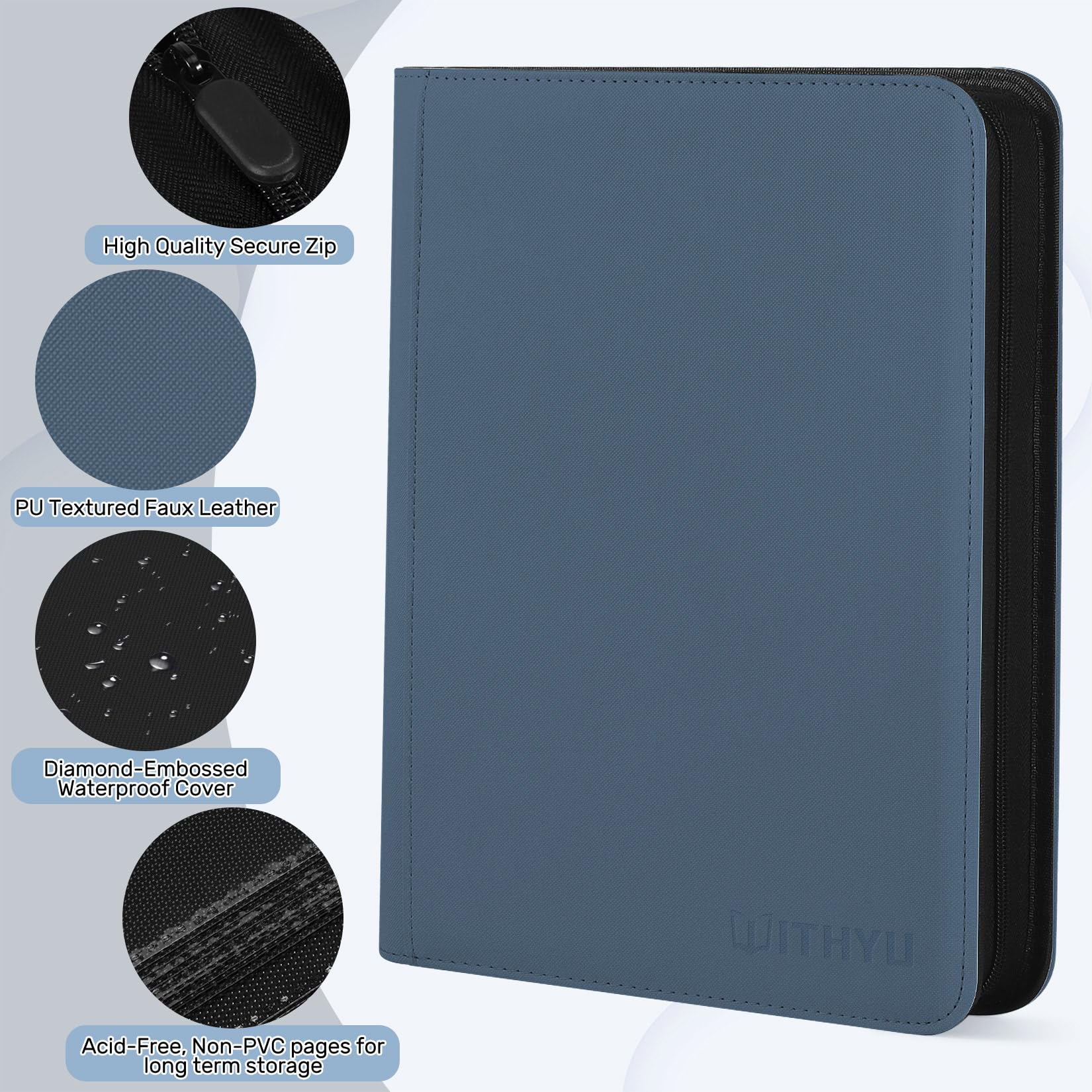 WITHYU Album da Collezione per Carte 16 Tasche, Capacità 1024 Carte - Portacarte Impermeabile Caricamento Laterale con Zip per TCG, Calcio & Collezioni, Portatile (Blu Indaco)