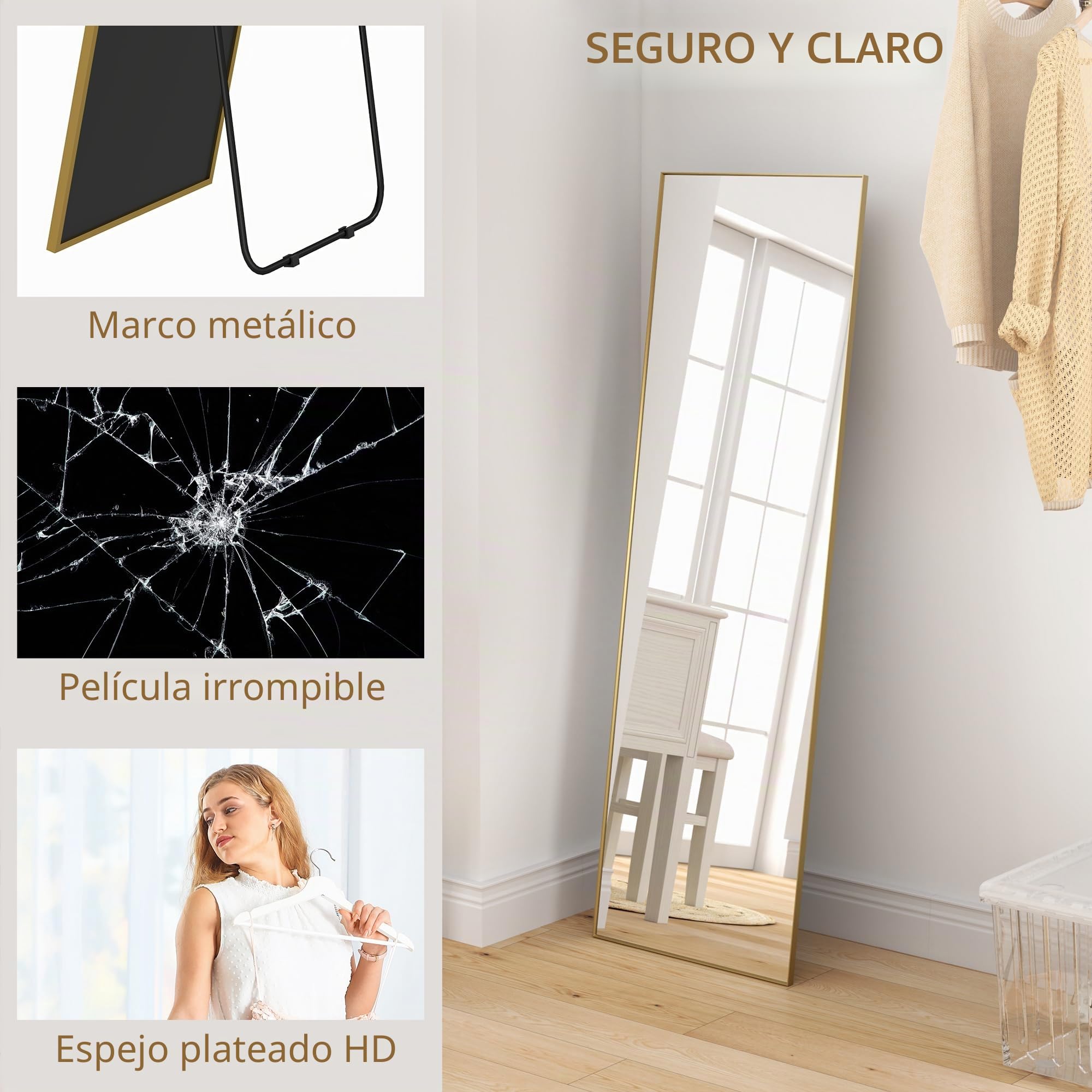 HOMCOM Espejo de Suelo Rectangular de Cuerpo Entero 50x160cm Dorado | Montaje en pared o apoyado contra la pared, para dormitorio, salón y vestidor