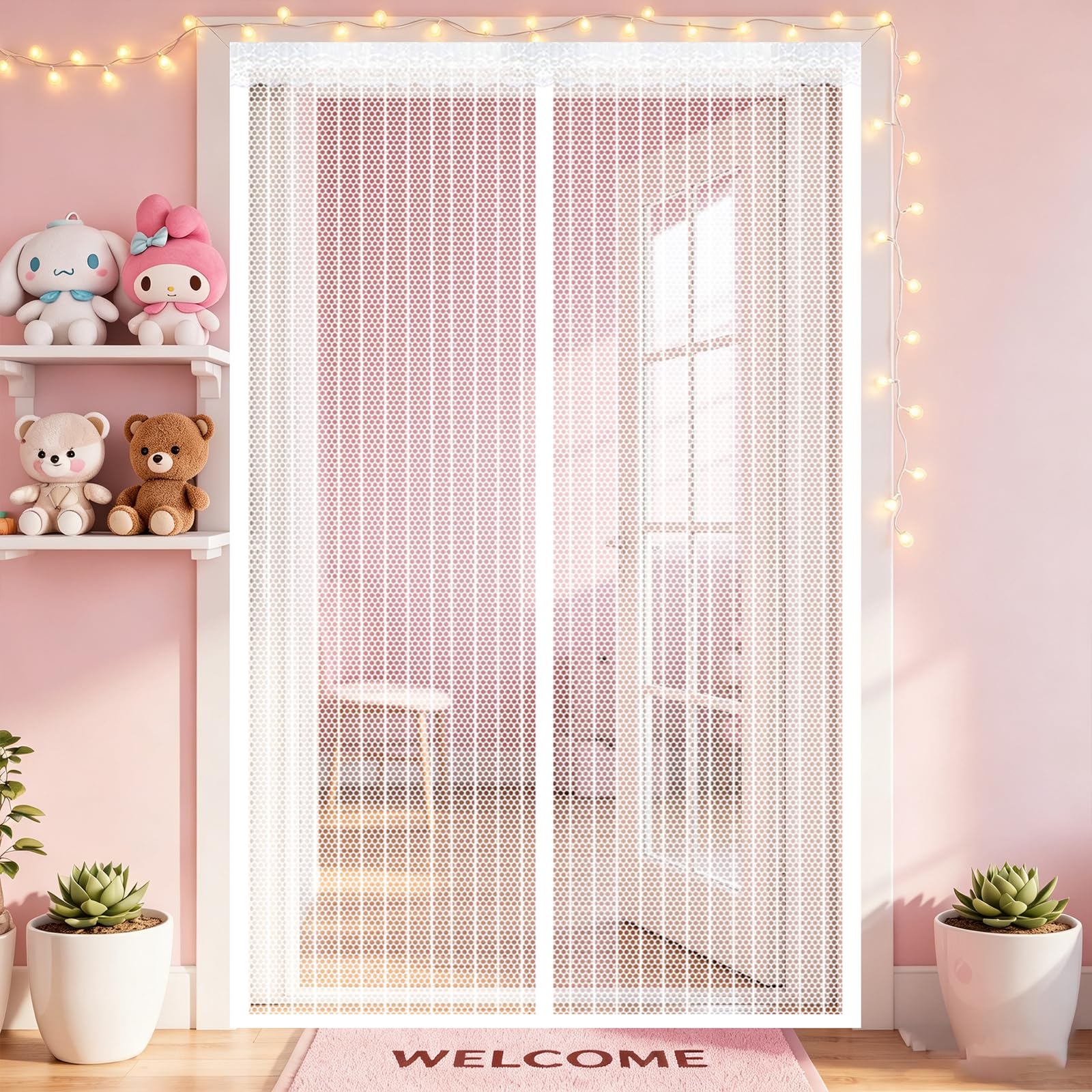 Screen Door 145 x 260 cm Self Sealing Powerful Magnets Heavy Duty Door Screen with Powerful Magnets & Full Frame Magic Tape Suitable for Patio Doors Balcony Bedroom, White